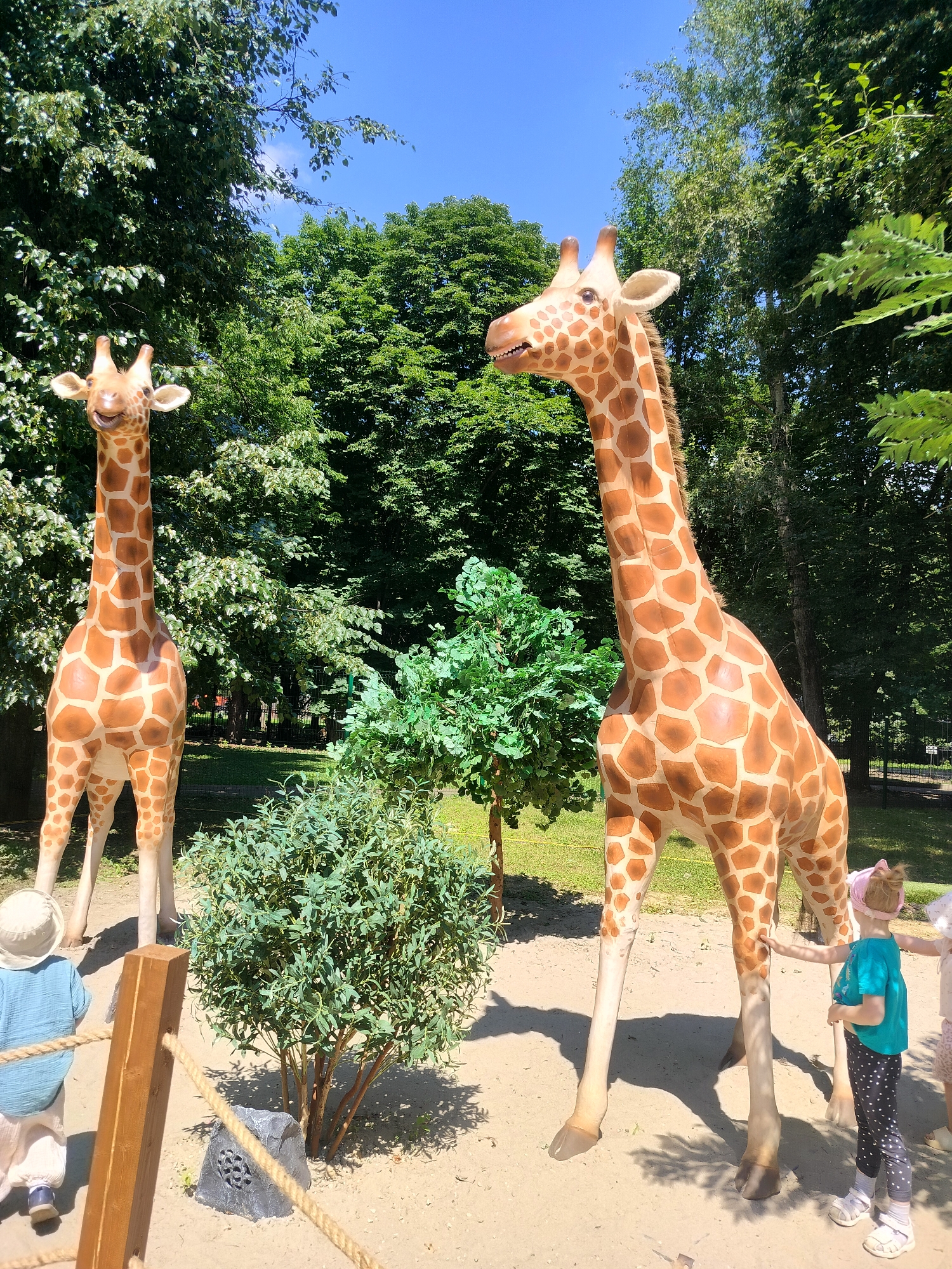 Two large, realistic giraffe statues stand in an outdoor enclosure with a sandy ground and lush green trees. The giraffe on the right is closer to the viewer and its body and long neck are fully visible, reaching towards the sky. The giraffe on the left is positioned further back and its head and neck are prominent. A young child, wearing a light-colored hat and blue shirt, is seen from behind, walking away from the viewer towards the left giraffe. Another child, with blonde hair tied up in a pink band and wearing a teal shirt and polka dot leggings, is touching the leg of the right giraffe. The environment is a sunny day with clear blue skies. The overall scene depicts a zoo or wildlife park exhibit.