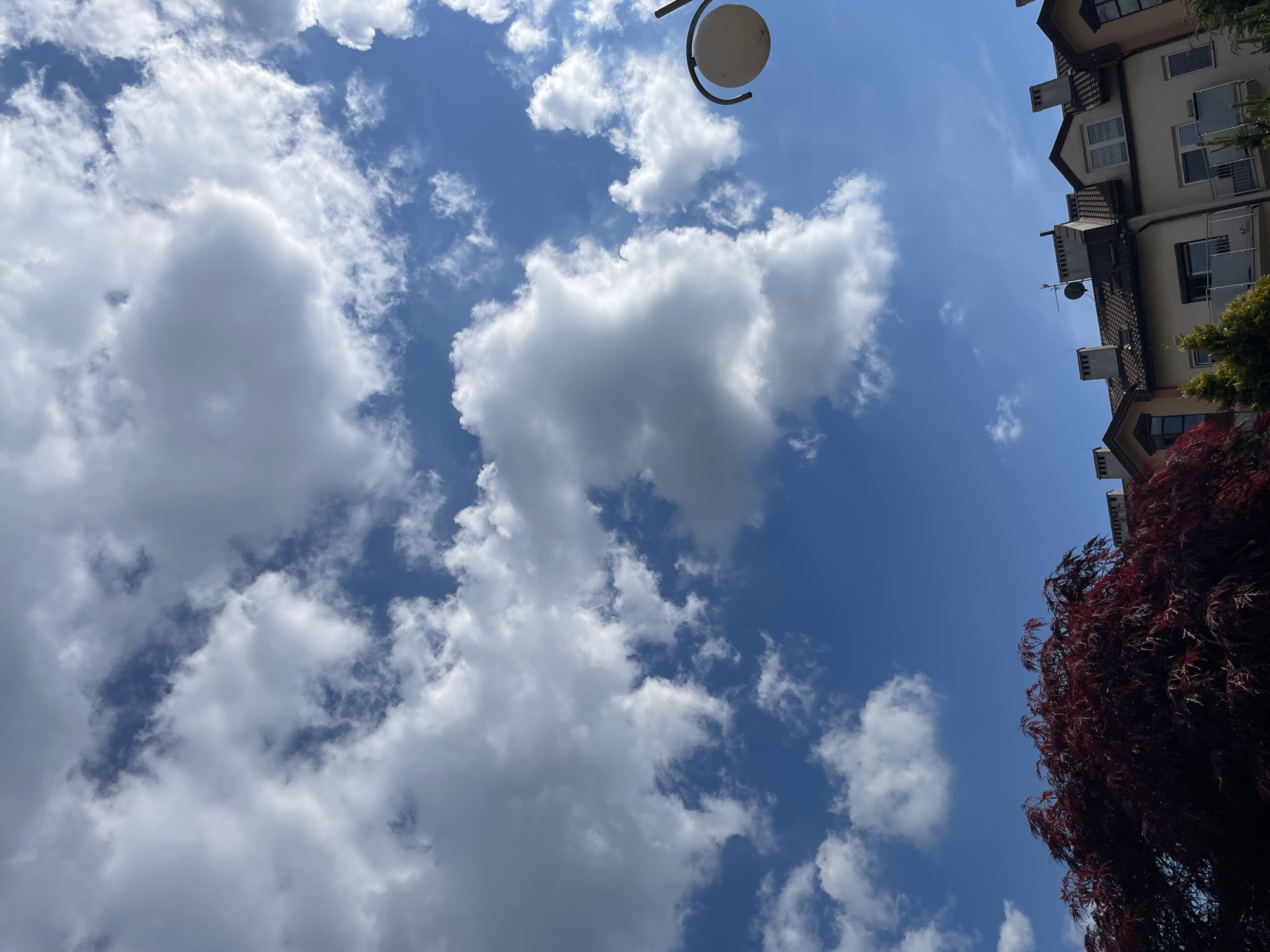 The image shows a view looking upwards towards a bright blue sky with scattered white clouds. A street lamp is partially visible in the upper right corner. A multi-story building with beige siding and dark-colored gabled roofs appears in the upper right portion of the frame. A portion of a tree with dark red leaves is seen in the bottom right corner, partially obscuring the building. The location is likely in an urban or suburban area, but specific details about the city and exact location are not discernible from the image.