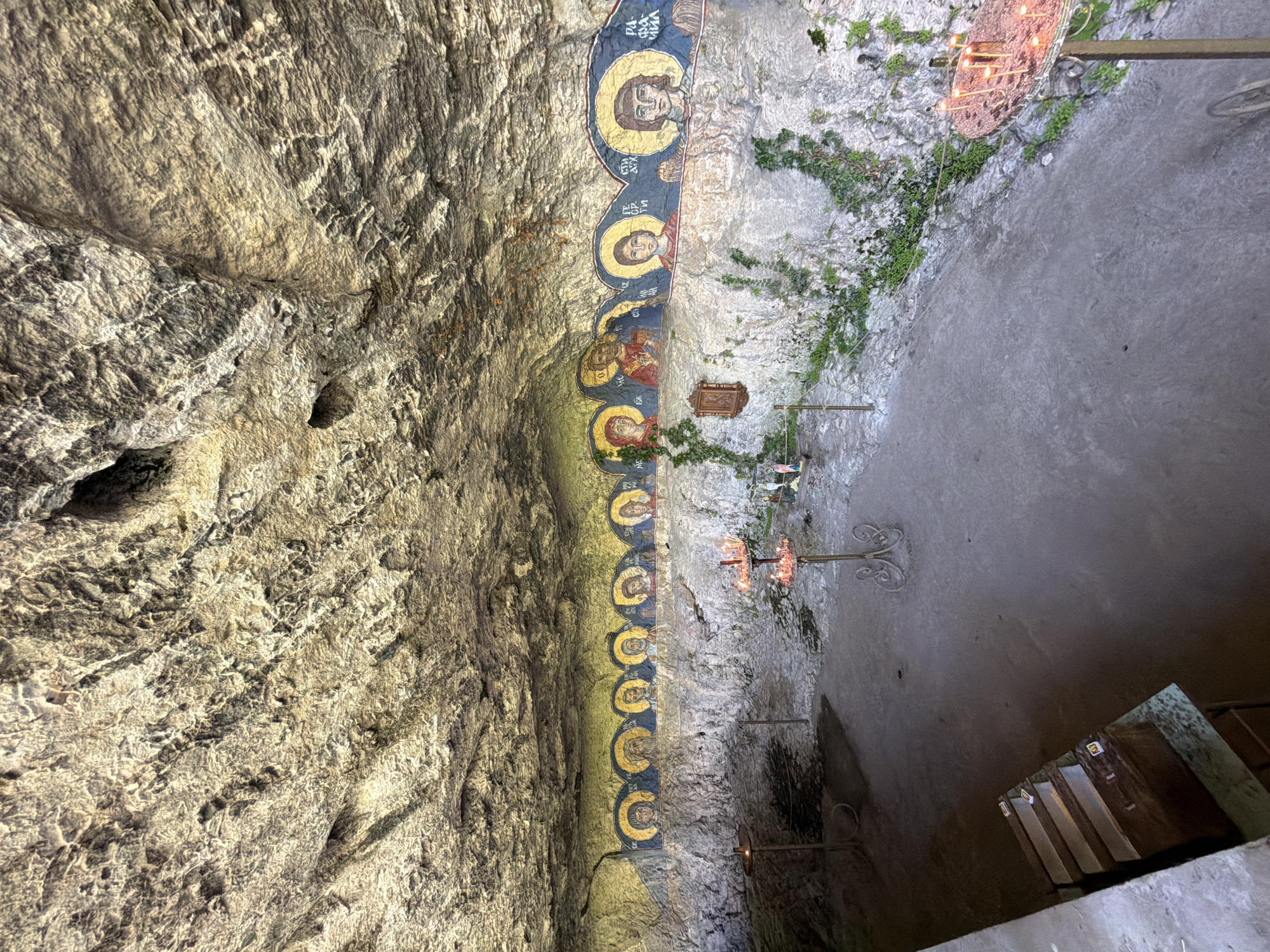 The image depicts an interior view of the Panega Cave Monastery, located near Lukovit, Bulgaria. The scene showcases the monastery's construction within a natural cave. The left side of the image highlights the rough, natural rock wall of the cave, its texture evident. A vertical series of religious figures, possibly saints, are painted along the cave wall; each figure is contained within a circular halo, creating a patterned design. Opposite the decorated wall, the cave transitions to a smoother, more processed wall surface, illuminated by what appears to be natural light. Small plants, potentially moss or ivy, are visible growing on the cave's stone wall. Ornate metal candelabras with lit candles are positioned along the wall, adding to the atmosphere. In the lower right corner, stairs constructed within the cave structure are visible.
