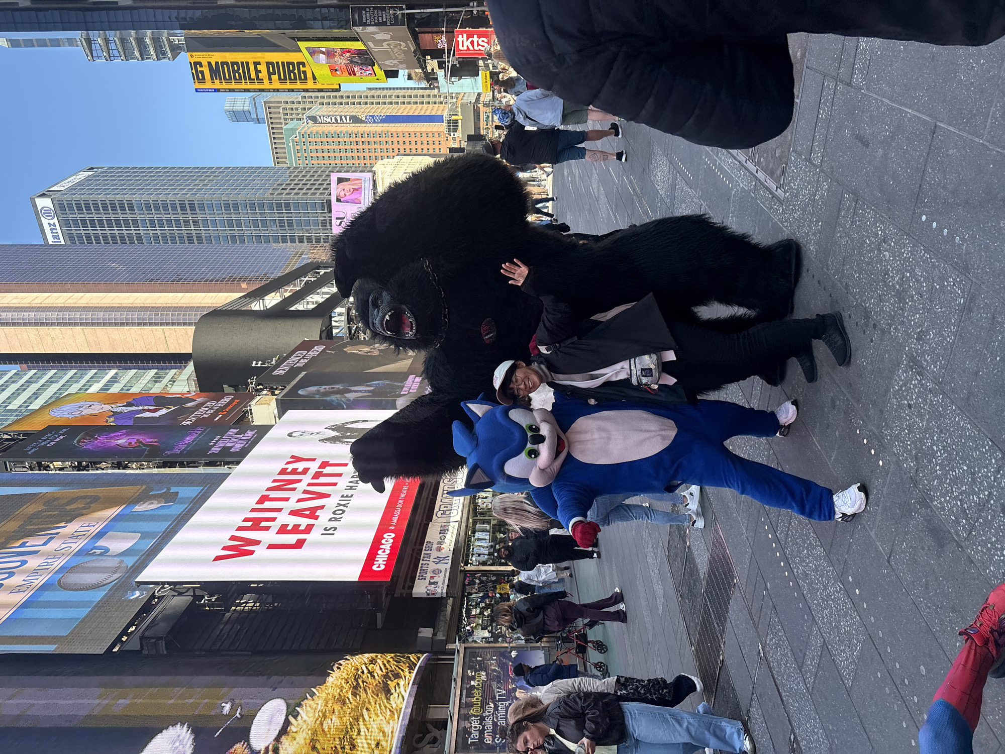 The image shows a street scene in Times Square, New York City, United States of America. In the foreground, a person dressed as Sonic the Hedgehog poses with a person in a gorilla costume. A woman with glasses and a white hat is also interacting with them. The background is filled with the typical sights of Times Square, including tall buildings, bright advertising billboards for various products (e.g., Mobile PUBG), shows ("Whitney Leavitt is Roxie Hart," "Chicago"), and businesses (e.g., Target). People are walking around in the background. The ground is paved with grey stone tiles.