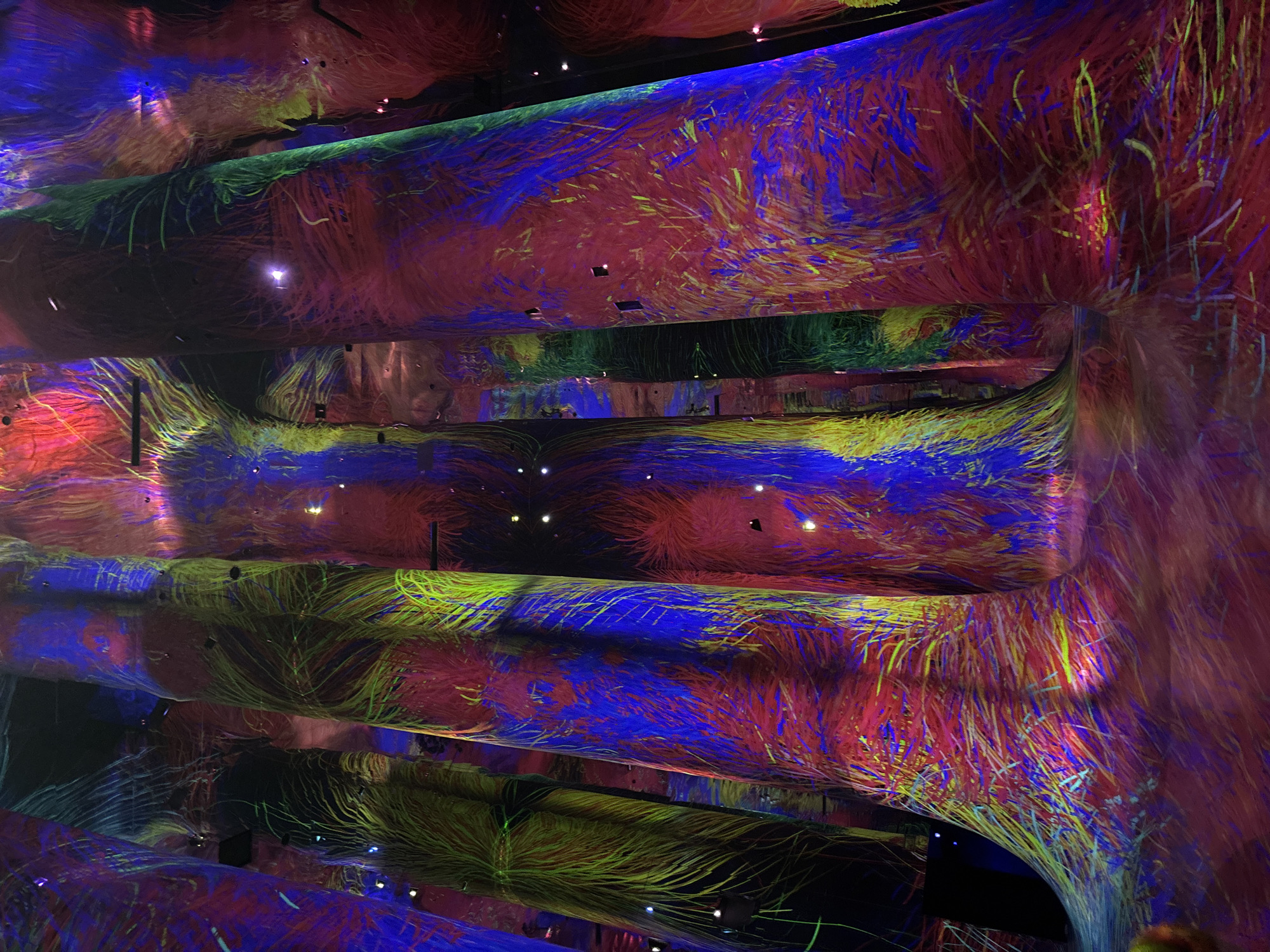 This is an image of a large-scale digital art installation, likely within a museum or exhibition space. The scene features several tall, irregular, pillar-like structures that are covered in a projection of vibrant, dynamic, and abstract digital art. The projections display a multitude of colors, including intense blues, reds, pinks, and greens, with intricate patterns of lines and streaks that create a sense of movement and energy. These lines appear to be flowing or swirling around the structures, resembling strands of light or organic fibers. Small, scattered white lights are also visible, adding to the illuminated and immersive atmosphere. The floor of the space is also covered in the same digital projections, reflecting the light and colors from the pillars and creating a seamless, otherworldly environment. The overall impression is one of a surreal and captivating artistic experience. This installation is located in the Museum of the Future in Dubai, United Arab Emirates.