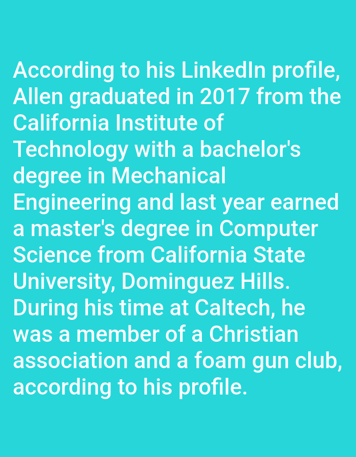 The image is a text block on a light blue background. The text provides information about someone named Allen, stating that according to his LinkedIn profile, he graduated in 2017 from the California Institute of Technology with a bachelor's degree in Mechanical Engineering, and last year earned a master's degree in Computer Science from California State University, Dominguez Hills. The text also mentions that during his time at Caltech, he was a member of a Christian association and a foam gun club.