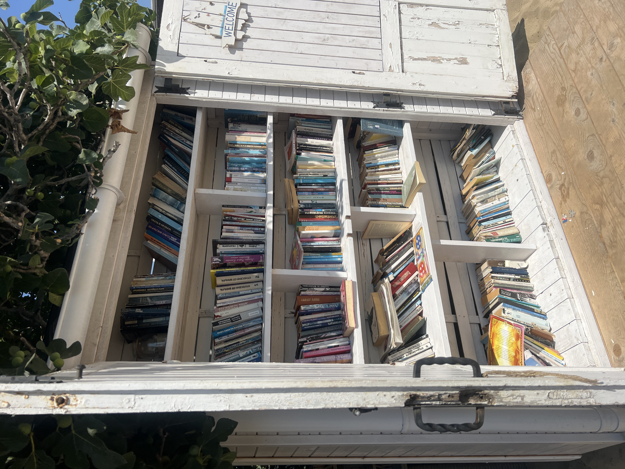 A white wooden bookshelf, weathered and peeling, is filled with a diverse collection of books. The bookshelf is open on one side, revealing multiple shelves stacked with books of various sizes and colors. Some books are neatly arranged, while others are piled haphazardly. On the right side of the bookshelf, a white wooden door is ajar, with a small "WELCOME" sign hanging from it. Green foliage from a tree with small green fruits, likely fig trees, hangs over the top of the bookshelf, casting shadows. The bookshelf is situated outdoors, with a wooden plank floor in front of it, suggesting a beach or seaside location. The sand is visible to the right of the wooden floor. The overall impression is that of an outdoor library or book-sharing station. This scene is located in Sozopol, Bulgaria, known for its preserved old town and picturesque coastal setting.