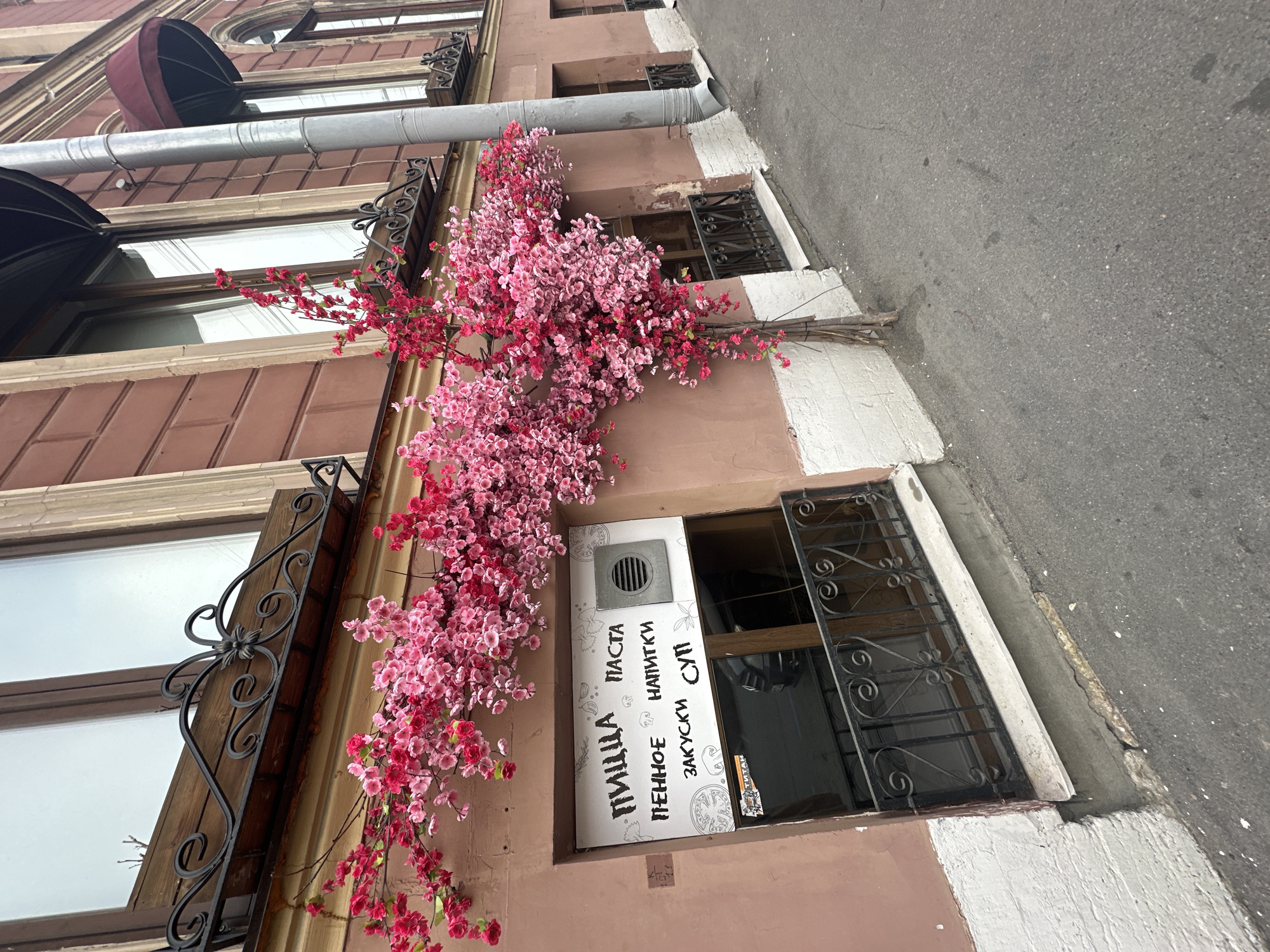 Captured at a slight angle, the image showcases the facade of a building adorned with artificial pink blossoms. The architecture features multiple windows, each framed with decorative ironwork. A metallic pipe runs horizontally along the building's exterior. A sign is visible, displaying the words "PIZZA PASTA" in Russian, alongside "PENHOE NAPITKI ZAKUSKI SOUP," indicating the eatery's offerings. The backdrop reveals an urban street scene, suggesting the location is likely in a city such as Saint Petersburg, Russia. The environment appears to be a mix of older architectural styles and modern street infrastructure. The overall scene is vibrant, with the pink flowers providing a striking contrast against the building's neutral tones and the gray of the street.