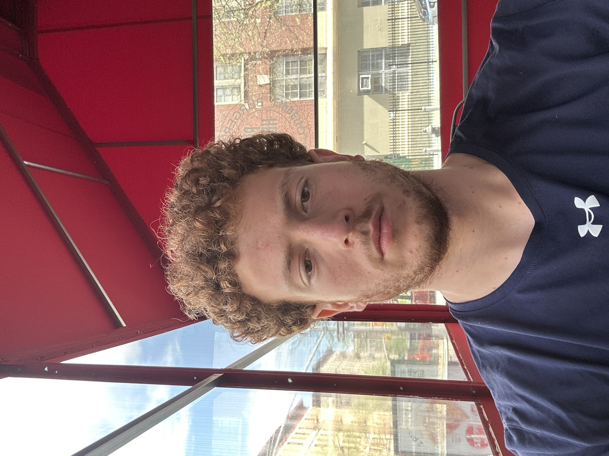 A portrait-style photograph shows a young man with light brown, curly hair and a short beard, looking directly at the camera with a neutral expression. He is wearing a dark blue t-shirt with a white Under Armour logo on the right side of his chest.
The man appears to be inside an enclosed structure, possibly an awning or outdoor seating area, featuring a red framework and transparent panels. Through these panels, an urban landscape is visible in the background. This includes brick buildings of reddish-brown and lighter hues, adorned with multiple windows, and some trees with fresh green foliage, suggesting spring or early summer. Bright daylight illuminates the scene, indicating a sunny day.
Visible details include faint, possibly reversed text on the transparent surface that could spell "BRUGGER" or "BRIDGE," and a red circular sign, potentially a "STOP" sign, seen through the glass. The man is posing for the camera in what appears to be an outdoor setting in New York, United States of America.