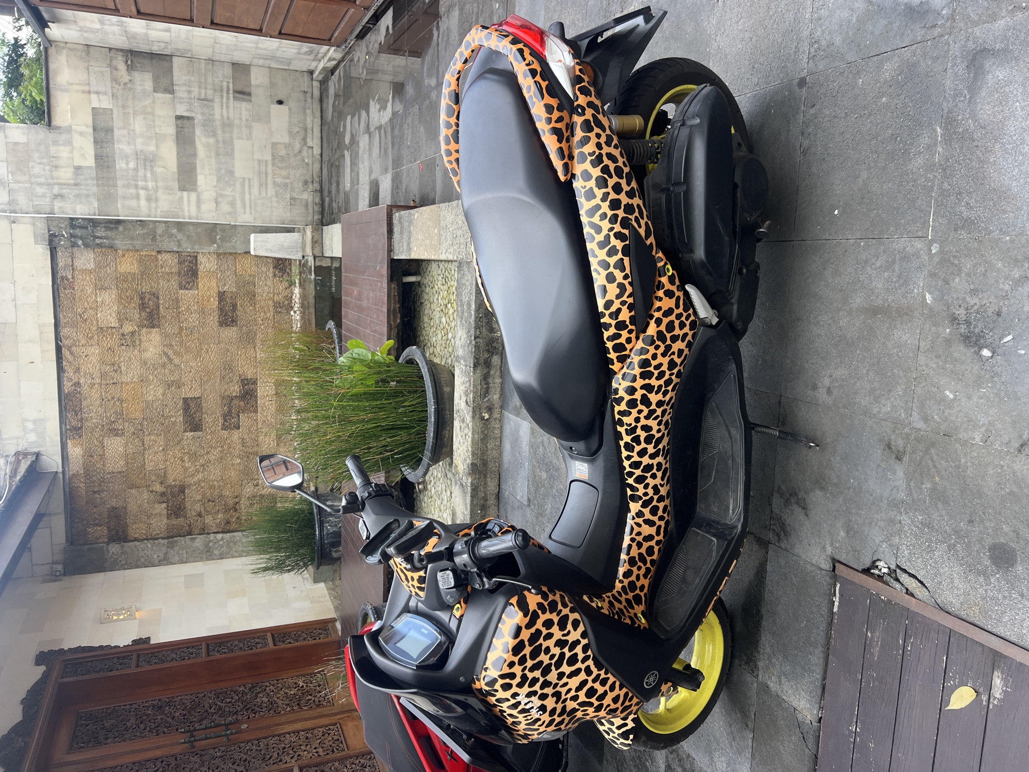 An eye-level, daylight shot captures a scooter with a distinctive leopard print design parked outdoors in what appears to be a residential or resort setting in North Kuta, Indonesia. The scooter is predominantly black with extensive orange and black leopard print decals covering its bodywork, including the front fairing, sides, and parts of the rear. Its wheels are a bright yellow, providing a striking contrast to the darker colors. A 'Yamaha' logo is visible on the side panel.
The scooter is parked on a dark grey tiled ground. In the background, a multi-textured wall is visible. The lower section features a brown, horizontally laid rectangular tiled wall, possibly part of a water feature, with lush, tall green plants in front of it. Above this, a lighter-toned wall composed of various shades of grey and white rectangular tiles extends upwards. To the left of the scooter, a beautifully carved dark wooden door or gate adds to the architectural detail of the scene. The image portrays a still moment, with no activity or people, under clear daytime conditions, suggesting good weather.