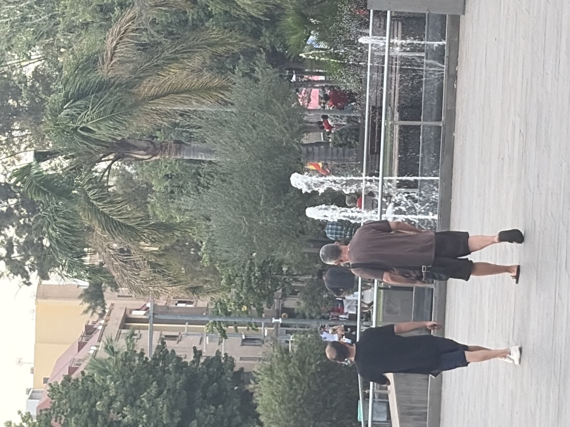 The image depicts an outdoor scene in Sagunto, Spain, likely a public plaza or park area. Two men are walking away from the camera on a paved walkway. The man on the left wears a black t-shirt and dark blue shorts. The man on the right wears a brown t-shirt, dark shorts, and sandals, with a dark shoulder bag. In the background, there are trees, including a prominent palm tree, and buildings. Further back, a fountain with multiple spouts is visible, with water jets creating a misty effect. Several other people are visible in the background, some near the fountain and others further into the park area, amidst the foliage and buildings. The overall lighting suggests it is daytime, possibly late afternoon.