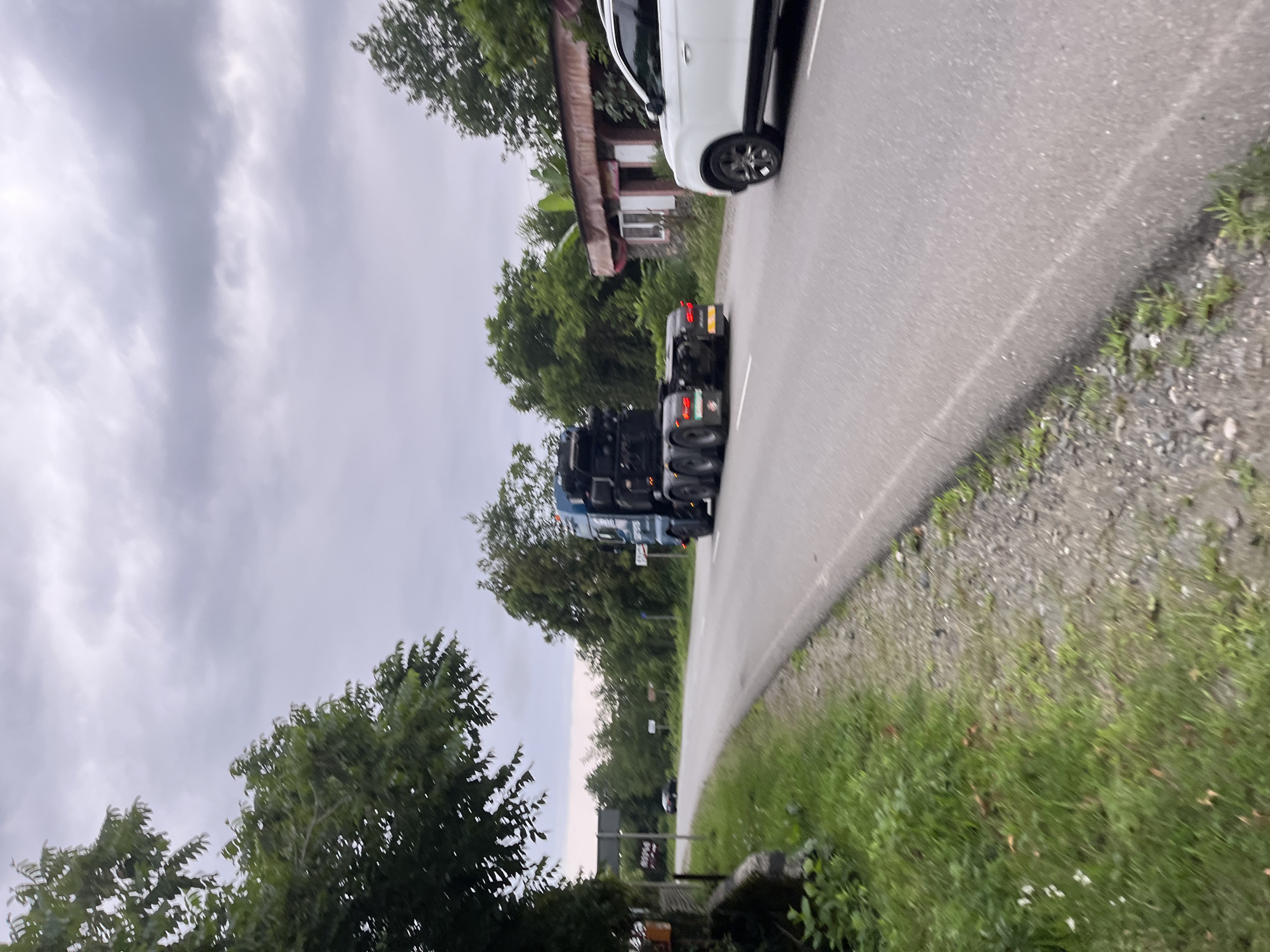 The image depicts a scene on a paved road in ღრმაღელის თემი, Georgia. The sky is overcast with gray clouds. On the right side of the road, a white SUV is moving away from the viewer. On the left side of the road, a dark-colored semi-truck with a trailer is also moving away from the viewer. The truck appears to be empty. The roadside on the left is covered with green grass and some gravel. Trees line the road on both sides, with some foliage encroaching on the road. In the background, there are several buildings with red roofs. The overall impression is of a rural or semi-rural setting on a cloudy day.