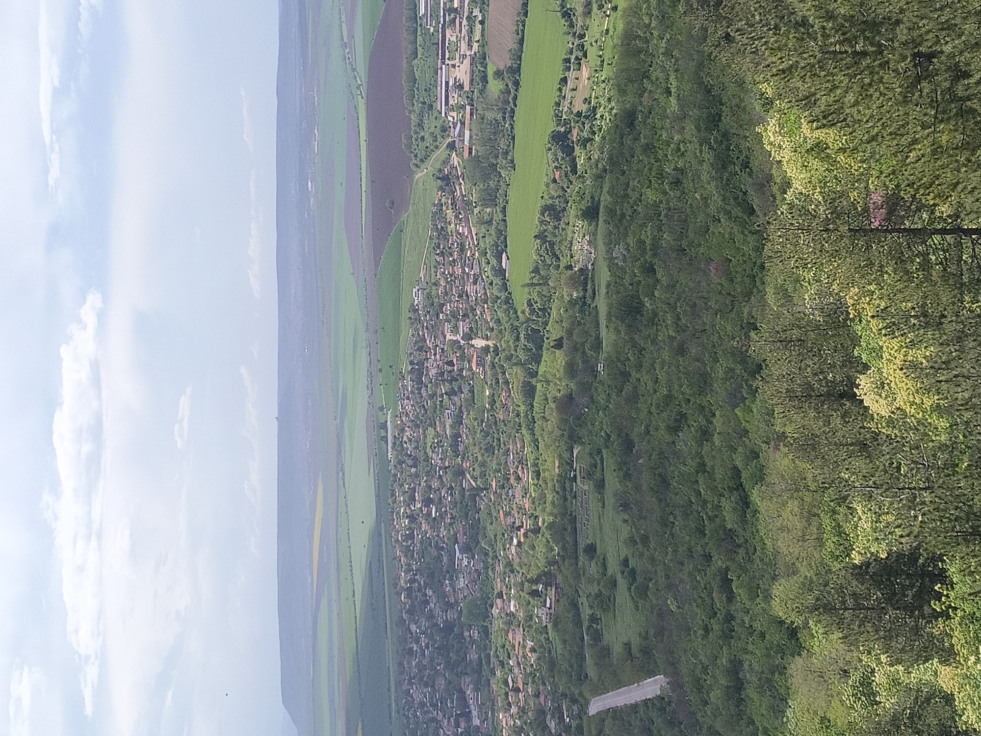 The image shows an overview of the outskirts of Madara, Bulgaria. The scene includes a mix of agricultural fields, forest, and a village or small town. The fields are divided into sections with varying shades of green and brown, suggesting different crops or stages of growth. The village is densely packed with houses, mostly with terracotta roofs. A road is also visible. The sky is light blue with scattered clouds.