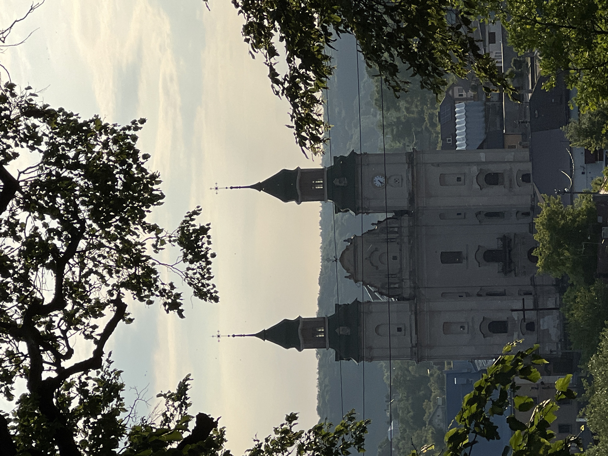 The image, correctly oriented vertically, presents a scenic view of Zbarazh, Ukraine, dominated by a large, light-colored historical building, likely a church or monastery. The building features two prominent towers with dark, domed roofs and slender spires, each topped with a cross. One tower displays a visible clock face with Roman numerals. The architecture suggests a Baroque or Neoclassical style, with multiple levels, arched windows, and decorative elements.
The scene is framed in the foreground by the dark, silhouetted branches and green leaves of trees, indicating an elevated viewpoint, possibly from a hillside or observation point within foliage. In the mid-ground, beyond the central structure, the town of Zbarazh spreads out, showing various rooftops and buildings nestled amongst rolling, tree-covered hills that extend into the background. Faint utility lines are visible horizontally across the mid-section of the image.
The sky is a hazy, pale blue and white, suggesting the photograph was taken during either early morning or late afternoon, under soft, ambient light. There are no people visible, and no specific activity is taking place, contributing to a serene and historical atmosphere. The crosses on the spires clearly mark the central edifice as a place of worship or a religious institution.