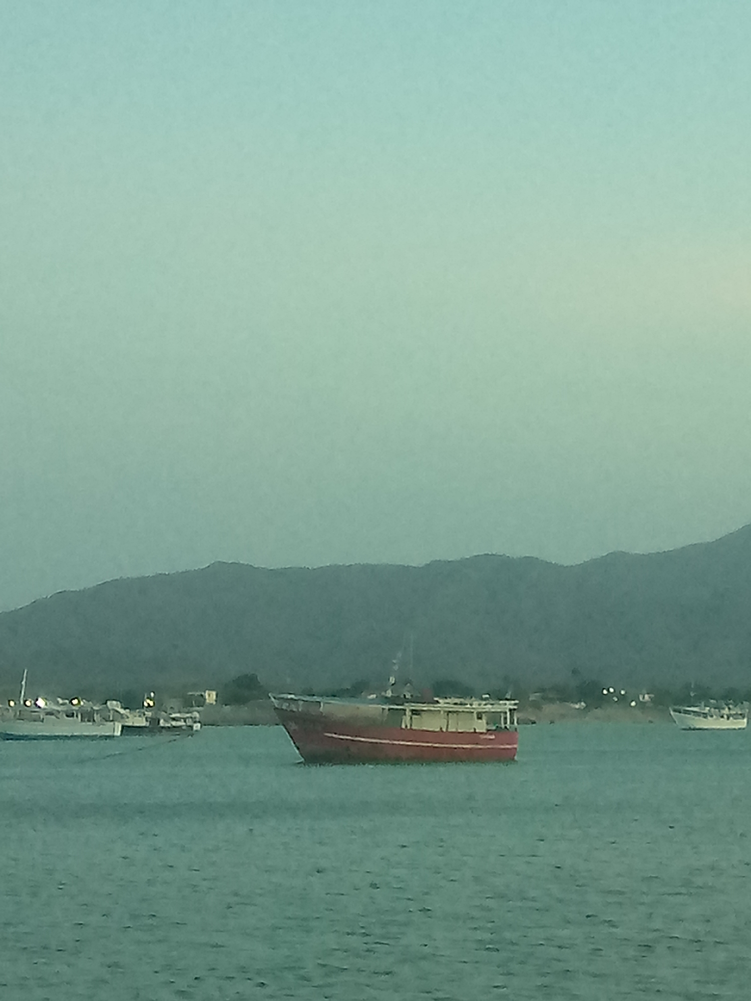 A wide shot of the bay in Juan Griego, Venezuela, shows several fishing boats afloat on the water. A red and white fishing boat is the most prominent subject, centered in the frame. In the background, dark mountains rise along the coastline. The overall color palette is muted, with shades of green and blue dominating the scene.