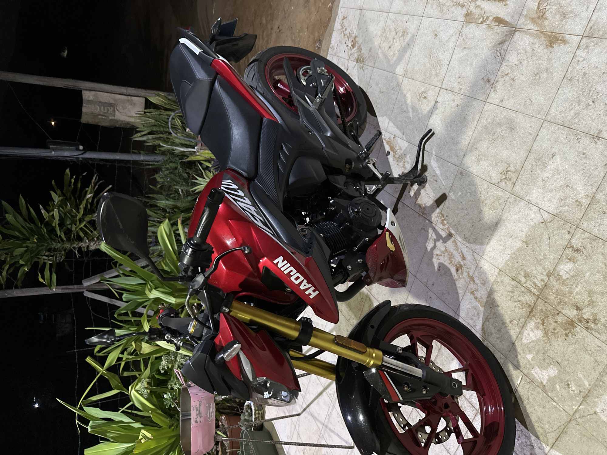 This detailed description concerns an outdoor scene at night in Sabana de Guacuco, Venezuela. The central subject is a stationary red and black Haojin Fallco motorcycle, positioned on a light-colored tiled surface that shows signs of dirt and moisture. The motorcycle features prominent gold-colored inverted front forks, red multi-spoke alloy wheels, and a black seat. The right side fairing displays "HAOJIN" in white text, and "FALLCO" is visible on the fuel tank area. The engine and various components are predominantly black, with a visible kickstand deployed on the left side.
In the background, a variety of green plants and foliage are visible, suggesting a garden or planted area. A pink, somewhat weathered metal container or basket is situated to the left of the motorcycle's handlebars, resting near other potted plants. The overall background is dark, indicative of nighttime, with faint light reflections or distant light sources discernible. A wooden fence structure and a utility pole are partially visible behind the foliage. A concrete block or post, partially obscured, shows remnants of text in one of the cropped sections. No individuals are present in the image.