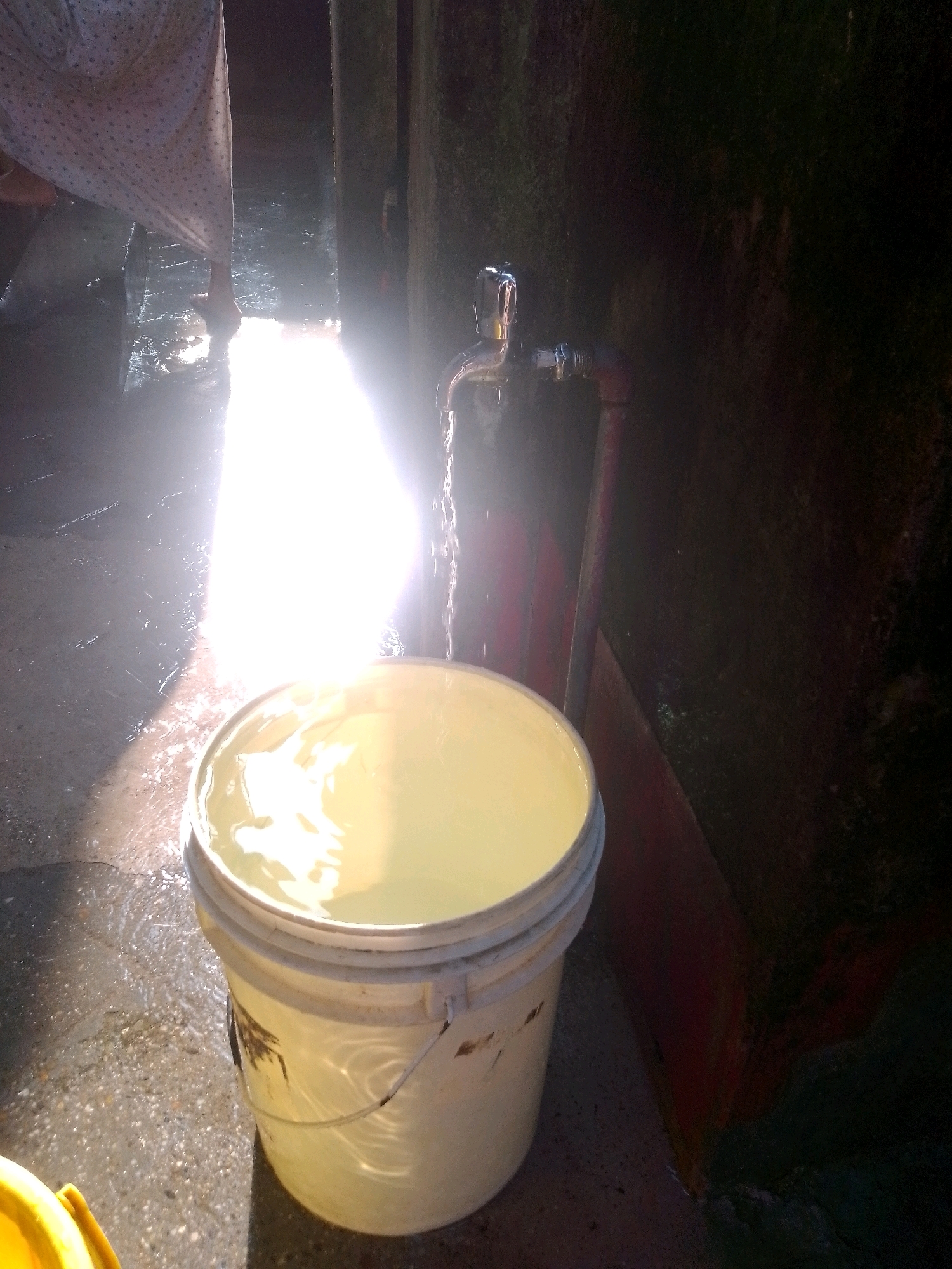 A low-angle, medium shot captures a bright, sunlit scene in what appears to be an outdoor alleyway or utility area in Siliguri, India. A white plastic bucket, partially filled with pale yellow water, sits on the wet ground. Water streams from a silver faucet attached to a red pipe, falling into the bucket and creating ripples on its surface. The ground around the bucket is wet and reflective, with sunlight glinting off puddles. To the left, a person's legs are visible, wearing a white and patterned garment, and they appear to be standing near the water source. A hint of another yellow object, possibly another bucket or container, is visible at the far left edge of the frame. The background is dark, with a textured wall to the right and a less distinct wall or structure to the left. The overall impression is one of a functional, perhaps everyday, scene with a strong contrast between light and shadow.