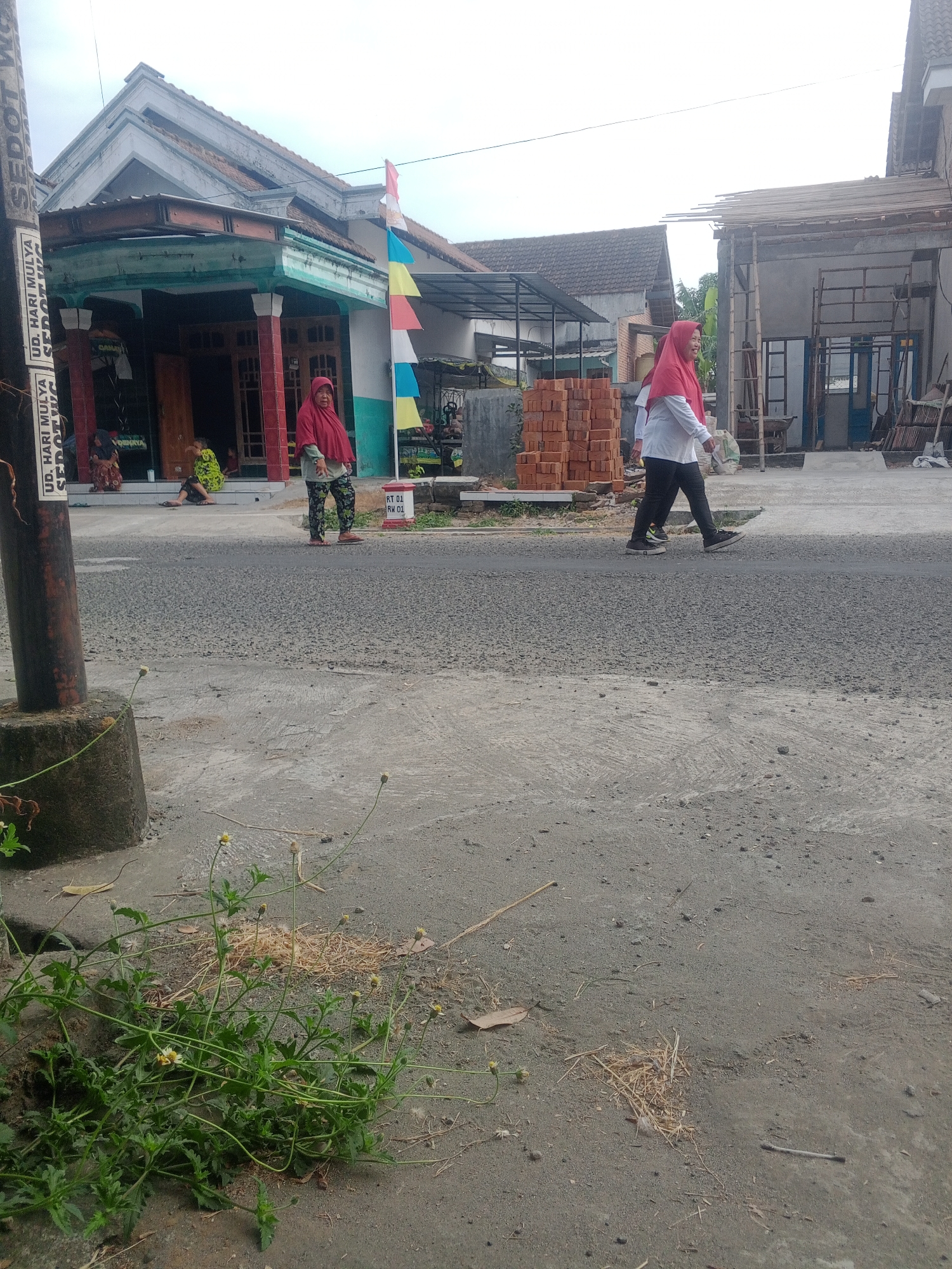 In the city of Lembah, Indonesia, on a street with an asphalt and concrete surface, two women are visible. One woman, wearing a red hijab and a light-colored shirt with black pants, walks away from the camera towards a building under construction. The other woman, also wearing a red hijab and a patterned outfit, stands near the entrance of a house with a teal-colored facade and a red-tiled roof. The house has a porch supported by pillars. In the foreground, vegetation grows on the side of the road. Behind the house, a stack of bricks is arranged for construction. The sky is overcast. A utility pole with vertical signage is present on the left side of the image.