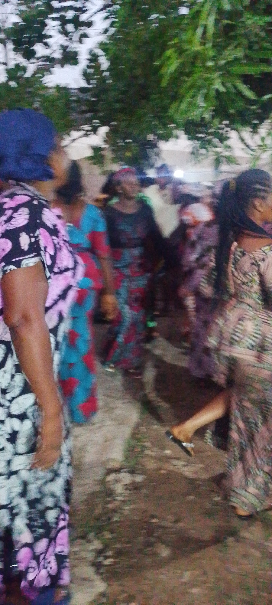 This blurred, low-light image captures a group of women, likely gathered for a social event or celebration, in what appears to be an outdoor setting in Ajaokuta, Nigeria. The time of day is evening or night, indicated by the dim lighting and visible light sources creating glows in the background.
The subjects are predominantly women, several of whom are visible in various states of motion, contributing to the blurriness of the image. They are wearing brightly patterned, long dresses or traditional attire, with designs featuring intricate patterns and vibrant colors such as pink, black, blue, and red. One woman in the foreground on the left wears a blue head covering and a black and pink patterned dress. Another woman on the right is seen from the side, wearing a patterned dress and a black slipper or sandal on her right foot.
The activity appears to be a gathering or movement, possibly dancing or walking, given the motion blur, particularly noticeable in the figures and their clothing. The ground beneath them looks like an uneven path or dirt ground. The background is filled with blurred green foliage, suggesting trees or bushes, reinforcing the outdoor setting. The overall atmosphere suggests a communal event. No text is visible in the image.