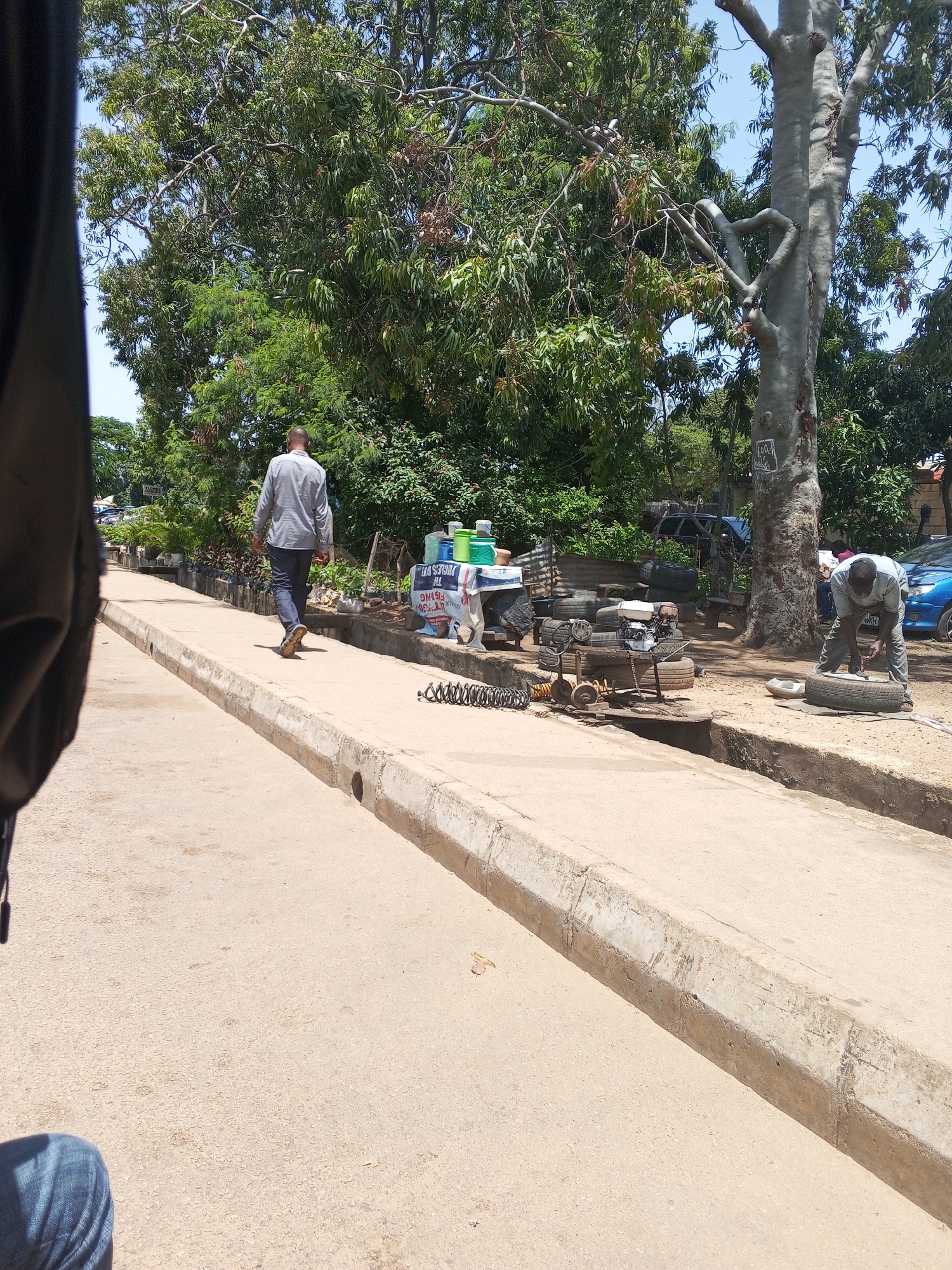 An outdoor, ground-level, wide shot captures a street scene in New Stadium, Nigeria, on a sunny day. A person in a light gray long-sleeved shirt and dark pants walks away from the camera down a concrete sidewalk. To the right of the sidewalk, a man in a light blue shirt and dark pants is working on a tire lying flat on the ground. Behind him, several other tires are stacked, and a blue car is parked. A portion of a tree with a thick trunk and branches is visible on the right side of the frame. Further back, a row of greenery and small plants lines the left side of the sidewalk. In the background, a few vehicles and more trees are visible. The foreground is dominated by the asphalt road.