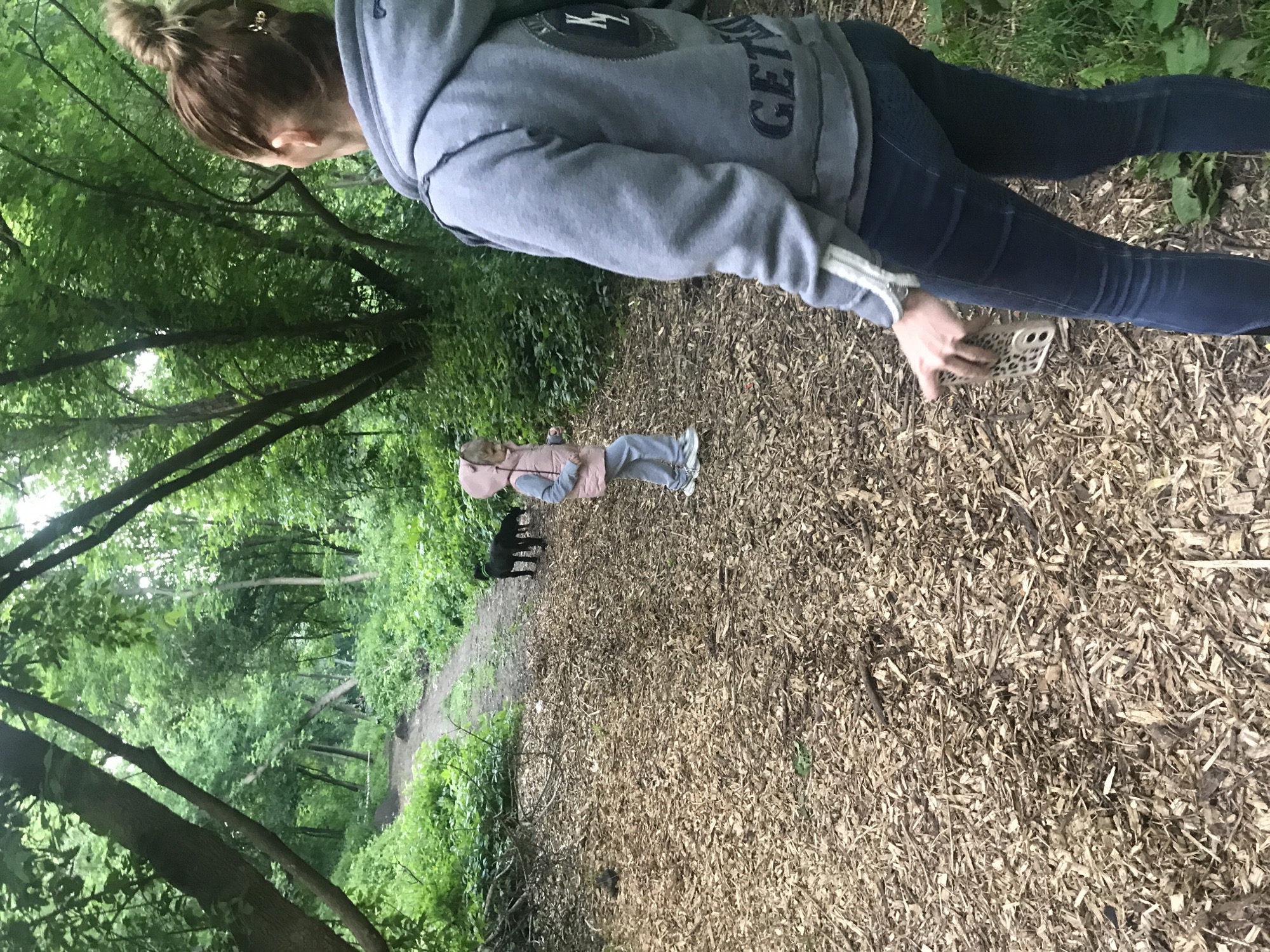 The image captures an outdoor scene in a verdant, wooded area, likely a park or forest trail, set in Kharkiv, Ukraine. The ground is almost entirely covered with light brown wood chips, forming a discernible path.
In the foreground, an adult individual is visible from the chest down, positioned on the right side of the path. They have light brown hair styled in a bun, secured with a golden hair clip. They are dressed in a grey hooded sweatshirt featuring a dark patch on the left chest and partially visible white text that includes "GET" on the right side. Dark, fitted pants complete their attire. The person is holding a smartphone with a distinctive leopard print case in their right hand, positioned near their hip.
Further along the path, in the middle ground, a small child is walking away from the camera. The child wears a light pink or beige sleeveless vest over a lighter long-sleeved top, light-colored pants, and white sneakers. Adjacent to the child, a black dog is also walking on the path, facing in the same direction.
The setting is characterized by lush green foliage, dense trees, and undergrowth flanking both sides of the wood-chipped path, suggesting a vibrant natural environment. The abundant greenery and diffused light indicate a daytime scene, likely during spring or summer. The subjects appear to be enjoying a leisurely walk or outing on the well-maintained trail.