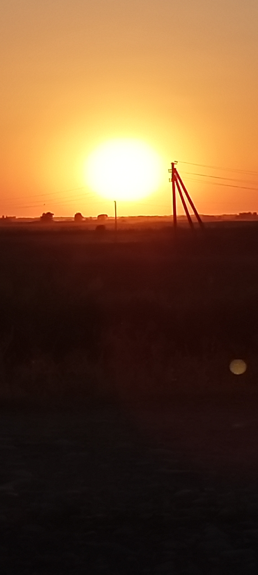 This is a vertical, full-frame shot of a sunset over a rural landscape. The sun, a bright, almost white orb, dominates the upper center of the frame, casting a warm, golden-orange glow across the sky. The sky transitions from a bright yellow near the sun to a softer orange and then a muted amber towards the top.
In the middle ground, a faint silhouette of a distant treeline and some indistinct structures are visible against the horizon. A single, tall utility pole with wires stretches across the sky in the mid-right of the image, its dark form stark against the colorful sunset. Another, shorter pole stands to the left, also with wires.
The foreground is a dark, blurry expanse, suggesting fields or unpaved ground. The overall impression is one of quietude and natural beauty. The time of day is clearly sunset, characterized by the low angle of the sun and the warm, diffused light. The weather appears clear, with no visible clouds. There are no people or animals visible in the frame. The emotion conveyed is one of peace and tranquility, with a hint of the vastness of the open landscape. There is no visible text.