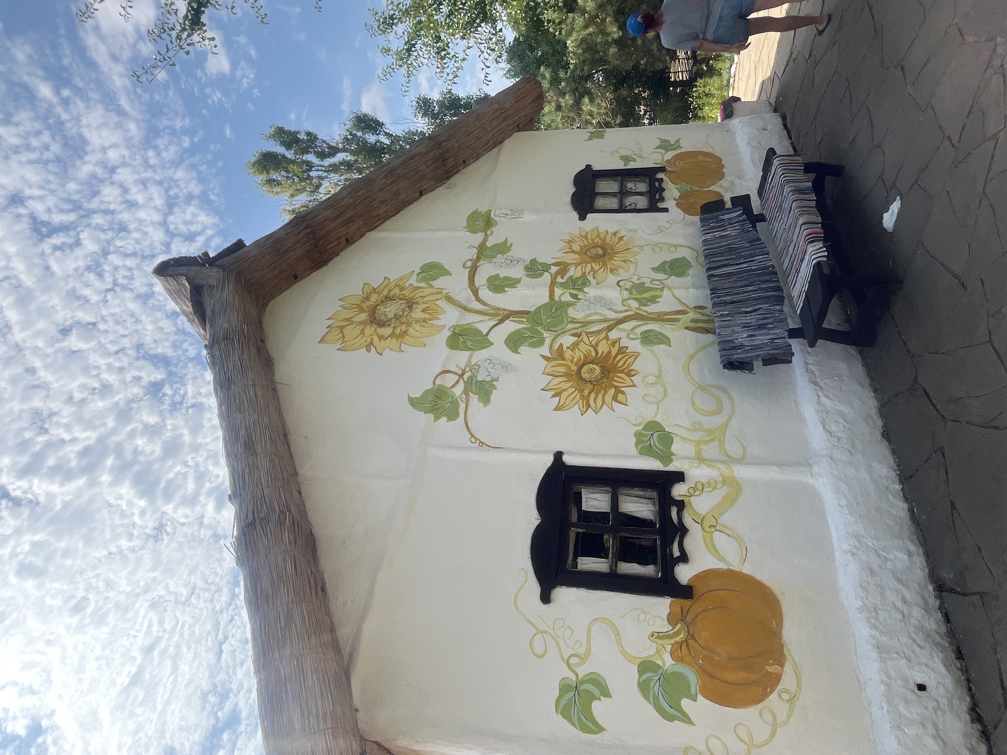 In Taman', Russia, a white house with a thatched roof features painted sunflowers and pumpkins on its exterior wall. A dark wooden bench with striped cushions sits in front of the house. A person wearing a blue cap and denim shorts stands on a paved walkway to the right of the house. The sky above is filled with white, wispy clouds.