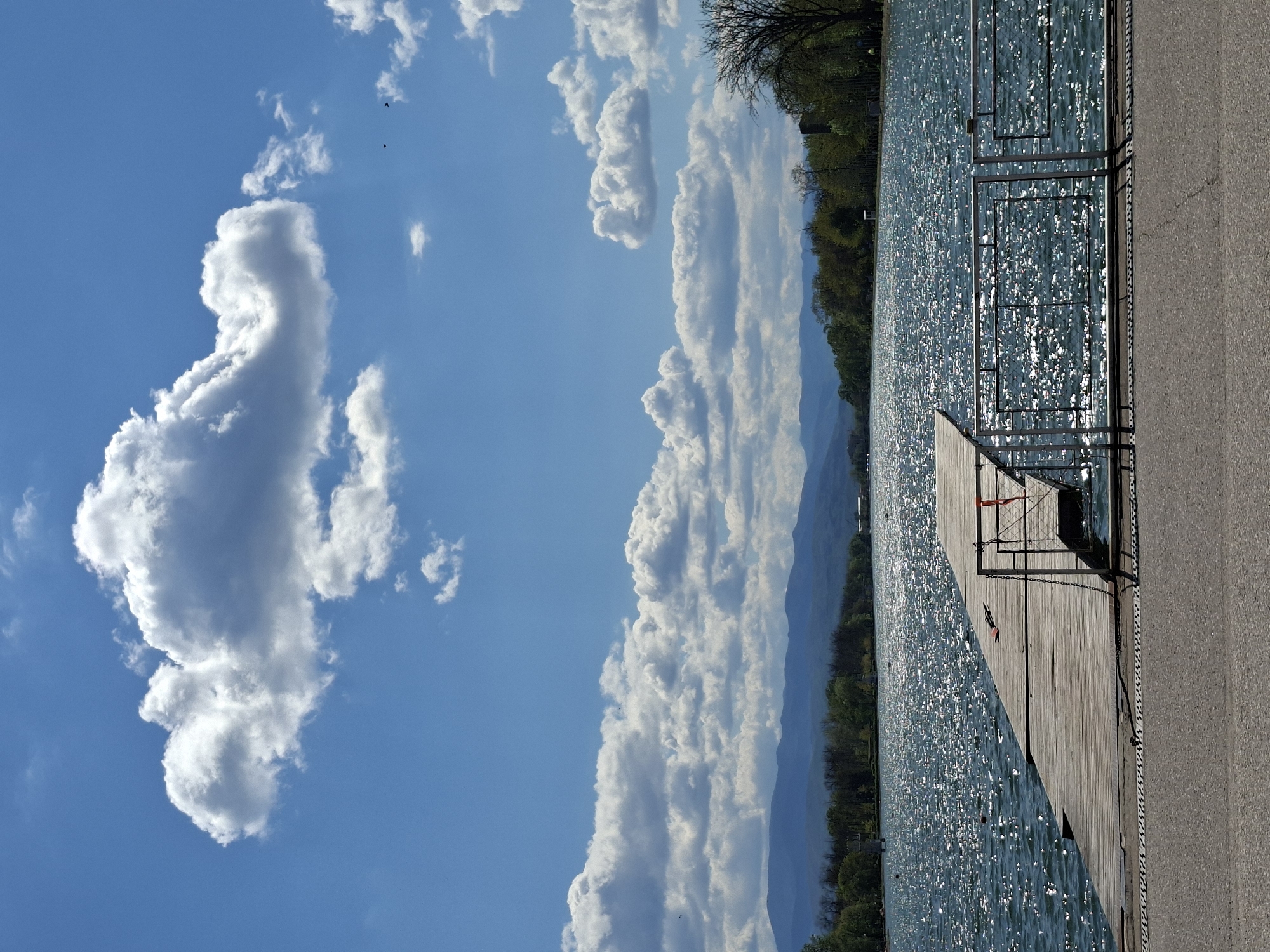 The image captures a view of the Plovdiv Rowing Canal in Bulgaria. A wooden dock extends into the canal, enclosed by a metal fence. The water is bright with sunlight reflecting on its surface. In the background, a line of trees runs along the shore, with mountains visible further in the distance. The sky is mostly blue with large, fluffy clouds. The image appears to have been rotated 90 degrees clockwise.