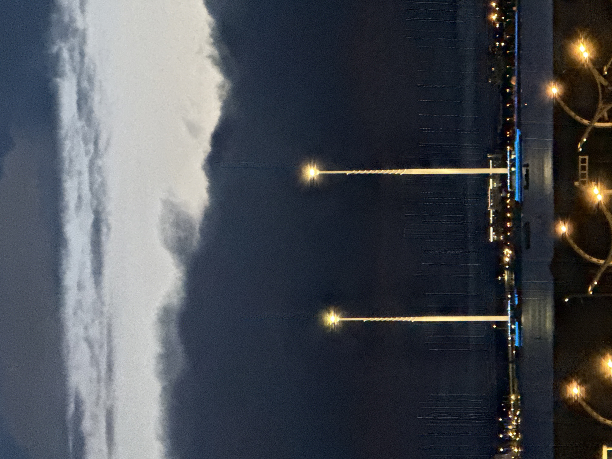 The image captures a nighttime scene of the city of Saint Petersburg, Russia, likely taken from a high vantage point overlooking the Neva River. Dominating the sky are dark, imposing clouds that create a dramatic backdrop. Two tall, brightly lit towers stand prominently against this dark sky, their lights creating a strong vertical emphasis. These are likely part of a modern structure or landmark within the city.
In the middle ground, a body of water, presumably the Neva River, reflects the lights from the cityscape. Along the riverbank, a line of buildings and structures is visible, illuminated by numerous lights. Some of these lights appear to be streetlights or lights from buildings, contributing to the urban atmosphere. There are also some blue lights visible on what appears to be a boat or a structure on the water. Numerous thin, vertical lines, possibly representing moored boats or tall reeds, are scattered across the water's surface.
In the foreground, partially obscuring the view of the river and the cityscape, are illuminated elements of what appears to be a railing or a bridge. These elements are adorned with bright, warm-toned lights, suggesting a well-lit pathway or viewing area. The overall impression is one of a city transitioning into night, with artificial lights contrasting against the dark, cloudy sky. There are no people visible in the frame.