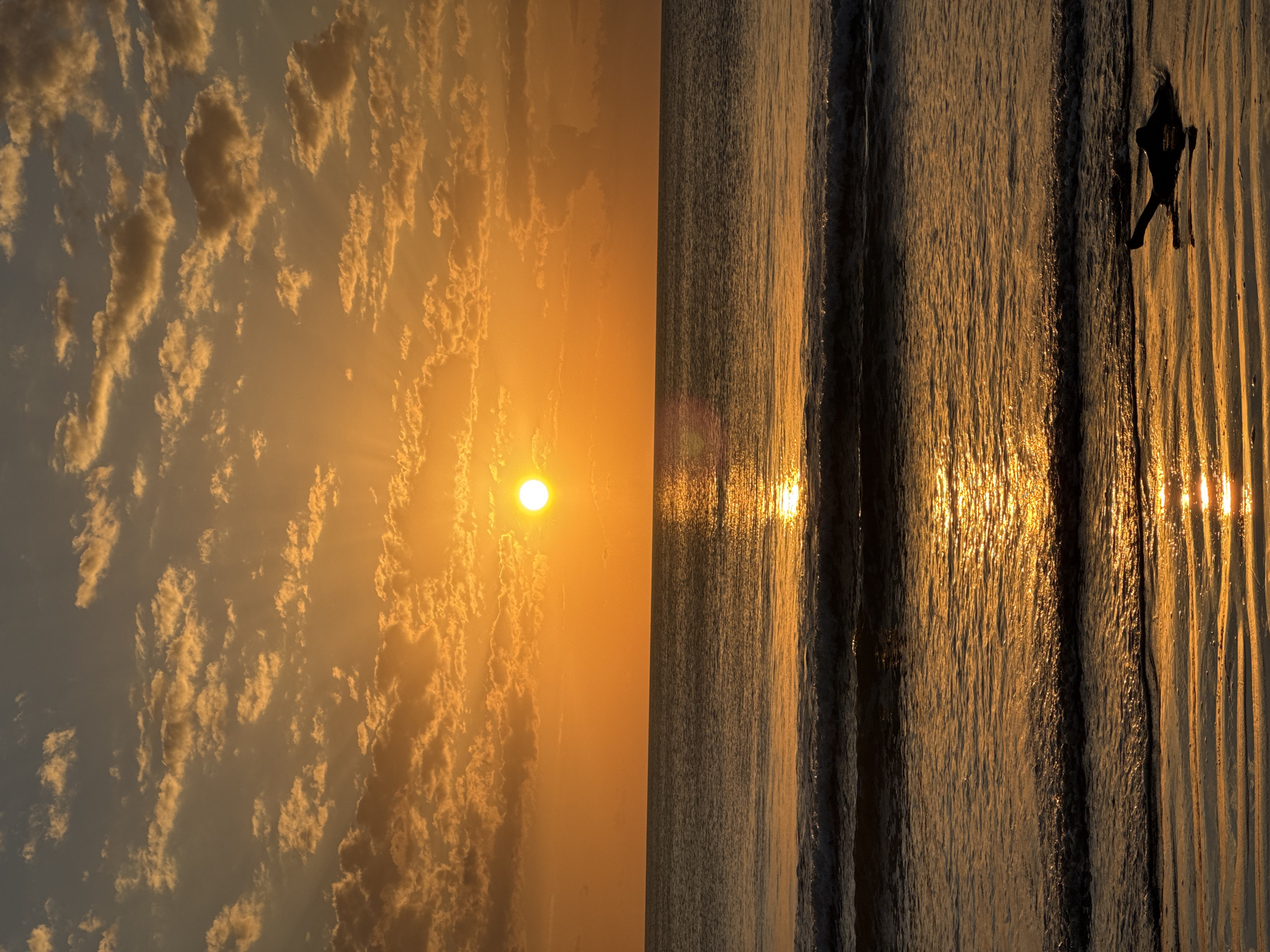 This image depicts a serene sunset over the ocean in Kuta Selatan, Indonesia. The sun, a bright orange orb, is low on the horizon, casting a warm glow across the sky and sea. Wispy clouds, tinged with orange and gold, are scattered across the upper portion of the frame. Gentle waves are rolling towards a sandy beach, where a dark, abstract piece of driftwood rests near the water's edge. The overall scene is one of tranquility and natural beauty.