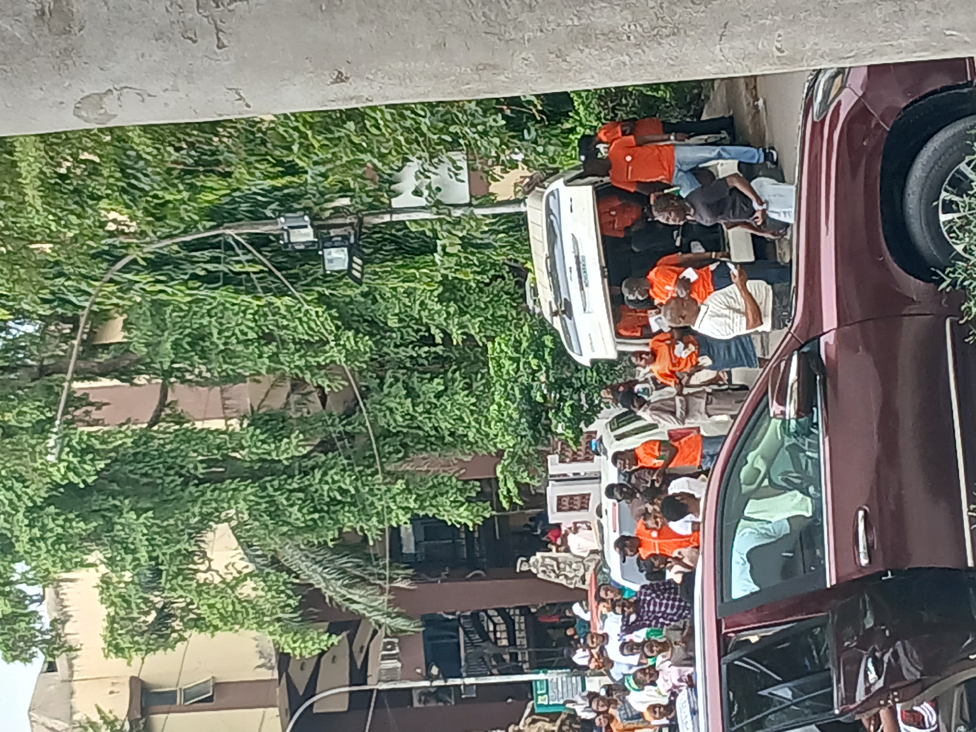 The image depicts a street scene in Lagos, Nigeria, crowded with people. Many are wearing orange vests, and some are standing near a white van. A dark red car is prominently positioned in the foreground. There are buildings and lush green trees lining the street. A traffic light pole is visible among the trees.