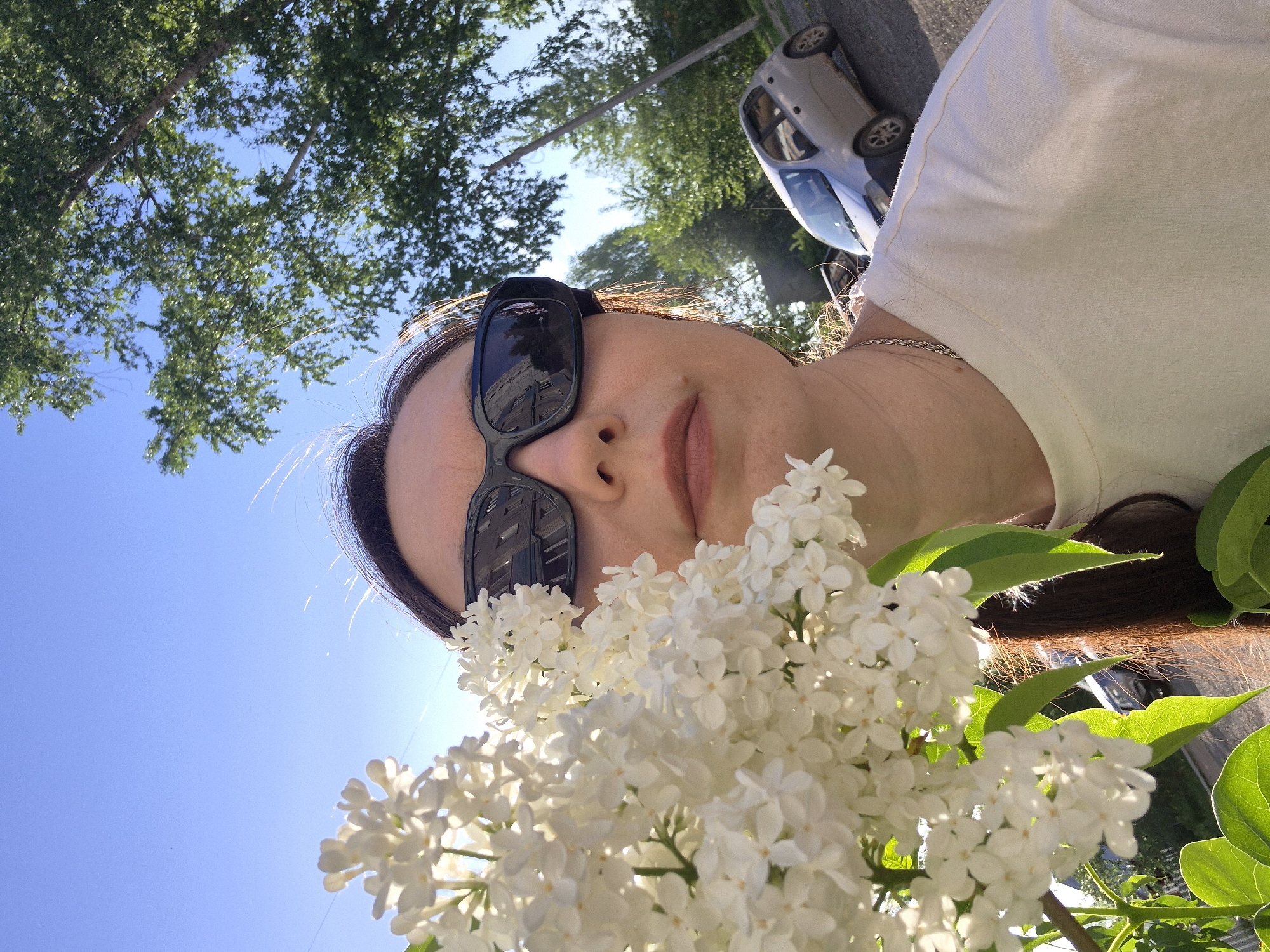 A person with long brown hair and sunglasses is holding a cluster of white lilacs in front of their face. They are wearing a white t-shirt and a silver chain. The background consists of a blue sky, green tree foliage, and a parked car. The location appears to be outdoors in a residential area.