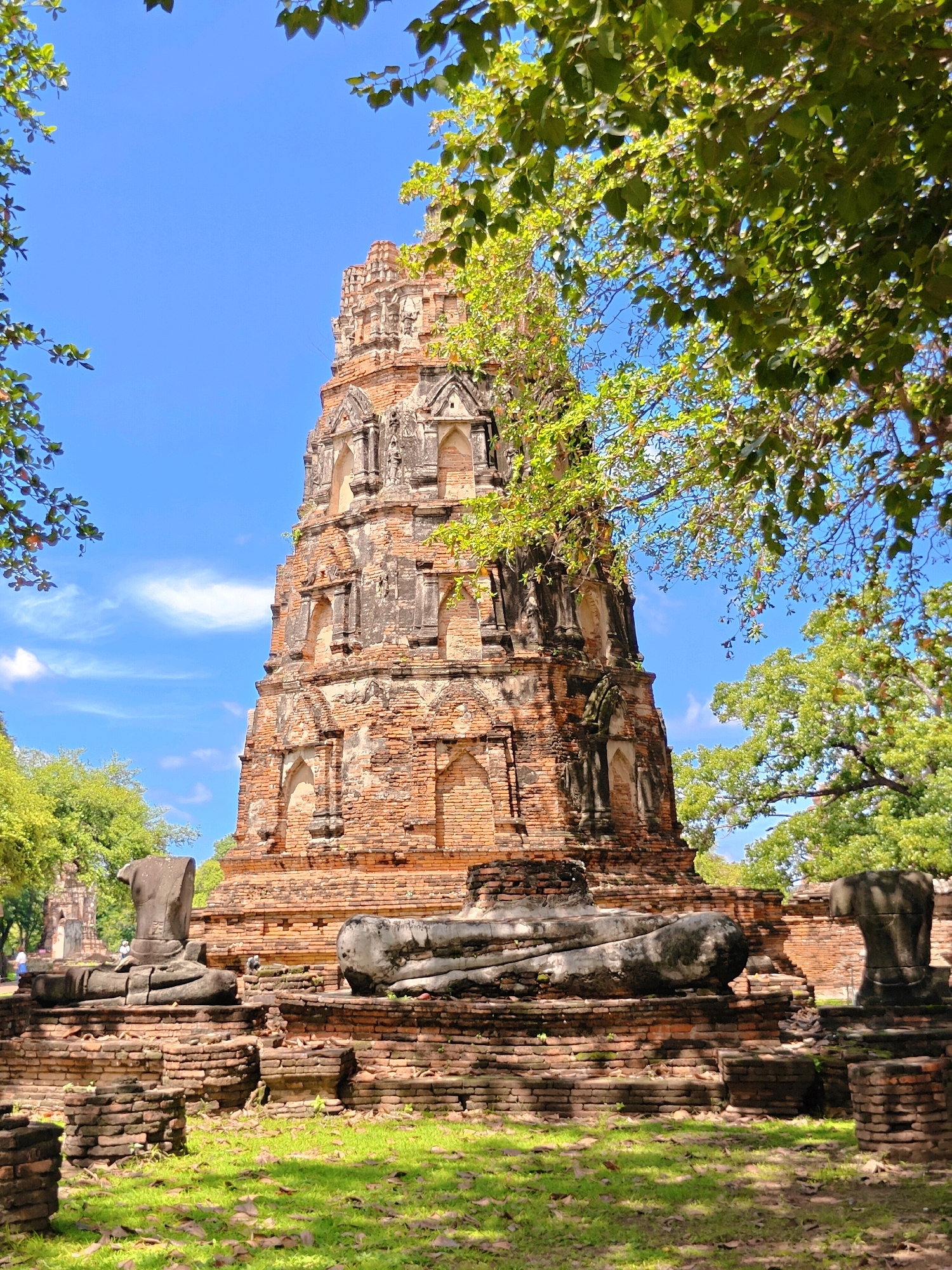 This image depicts the ruins of Wat Mahathat in Phra Nakhon Si Ayutthaya City Municipality, Thailand. In the foreground, the headless torsos and legs of several large Buddha statues lie on a brick foundation, some partially covered by moss. The statues are weathered and aged, testament to the passage of time. Behind them, a tall, multi-tiered brick stupa rises towards a clear blue sky with scattered white clouds. Lush green trees with vibrant leaves frame the scene, with branches and foliage from the surrounding foliage partially obscuring the sky and the upper portions of the stupa. The ground is covered in green grass, with fallen leaves scattered across it. The overall impression is one of ancient grandeur amidst a verdant natural setting.