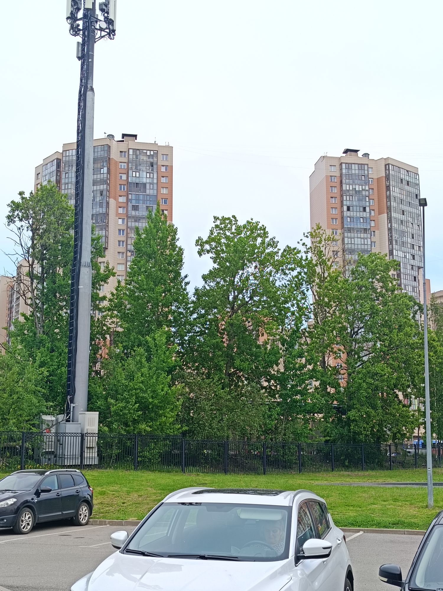 The image shows an urban scene in Saint Petersburg, Russia. Two tall residential buildings with beige and light brown facades rise in the background, partially obscured by trees. A cellular tower stands prominently on the left, adjacent to a black metal fence separating the parking lot from a grassy area. The foreground features a parking lot with three cars visible: a dark-colored hatchback on the left, a white SUV with a sunroof in the center, and a dark-colored car on the right edge of the frame. A person is visible inside the white SUV. The sky is overcast.