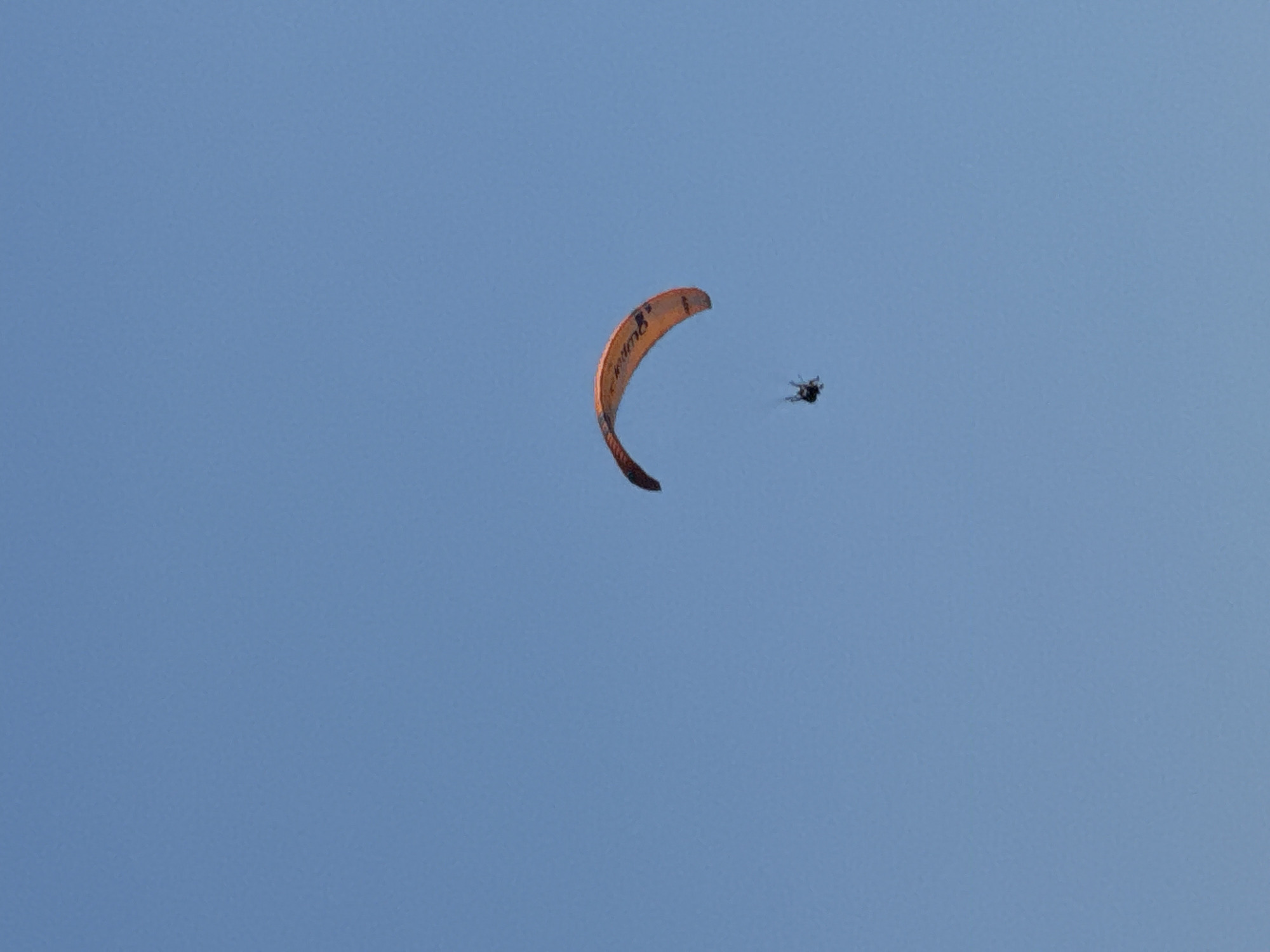 A paraglider is captured mid-flight against a clear blue sky. The paraglider's wing, predominantly orange with some black lettering, is curved and positioned to the left of the frame. Below the wing, a person is suspended, appearing to be in a seated harness, their body oriented downwards. The paraglider is a solitary figure in the vast expanse of the sky. The scene offers no visual cues to suggest a specific location within Boreti, Montenegro; the image solely depicts the activity of paragliding against a natural sky backdrop.