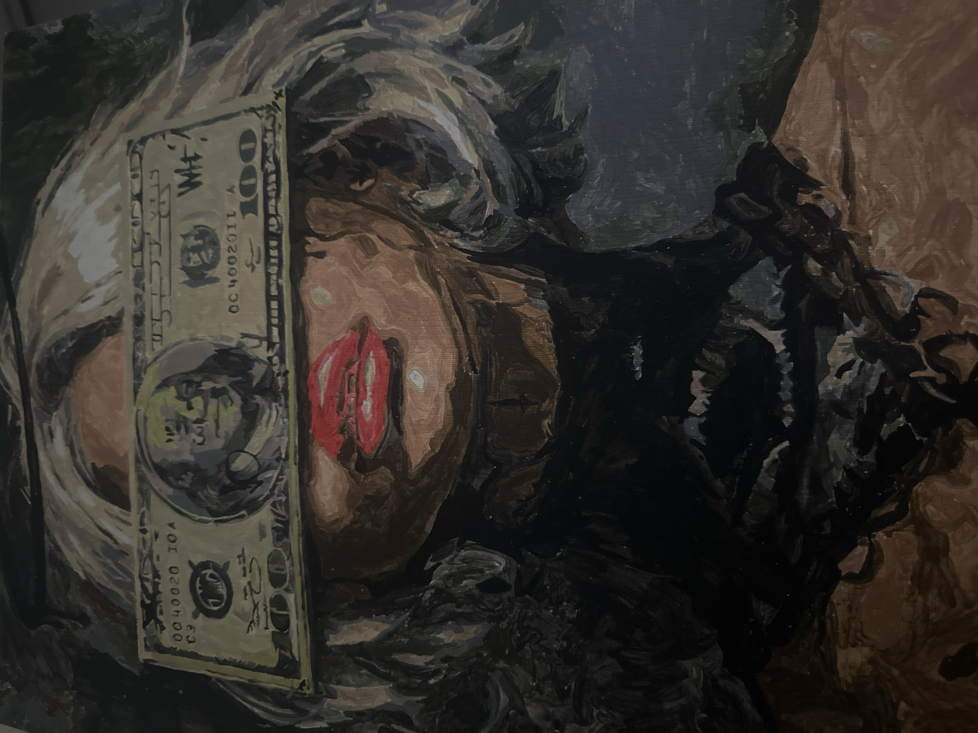 This media file is a close-up photograph of an oil or acrylic painting depicting a person's face partially obscured by a U.S. hundred-dollar bill. The painting exhibits thick, visible brushstrokes, giving it a textural quality.
The primary subject is a person, likely female, whose face is shown in an unconventional, possibly tilted, orientation. Hair, rendered in shades of dark brown and black with lighter highlights, frames the face. The most prominent facial feature is the mouth, painted with striking red lips. The eyes are partially visible; one eye appears above the dollar bill, while the other is mostly covered by it. The skin tone is rendered in muted earth tones.
A painted representation of a hundred-dollar bill is prominently placed across the center of the face, covering the nose and one eye. This bill is not a physical object but part of the artwork. Notable details on the bill include the portrait of Benjamin Franklin, the denomination "100," and partial text such as "FEDERAL RESERVE NOTE" and "ONE HUNDRED DOLLARS." Visible serial-like numbers are "OC 4002011" and "0040020 IOA." Handwritten text, possibly "WH," is also discernible on the bill.
The background of the painting is dark and indistinct, focusing attention on the face and the dollar bill. The overall color palette is somber, dominated by dark browns, greens, and blacks, with the red lips providing a strong focal point. The activity portrayed is static, a painted portrait with a symbolic object integrated into its composition. There are no explicit location cues or indications of time of day.