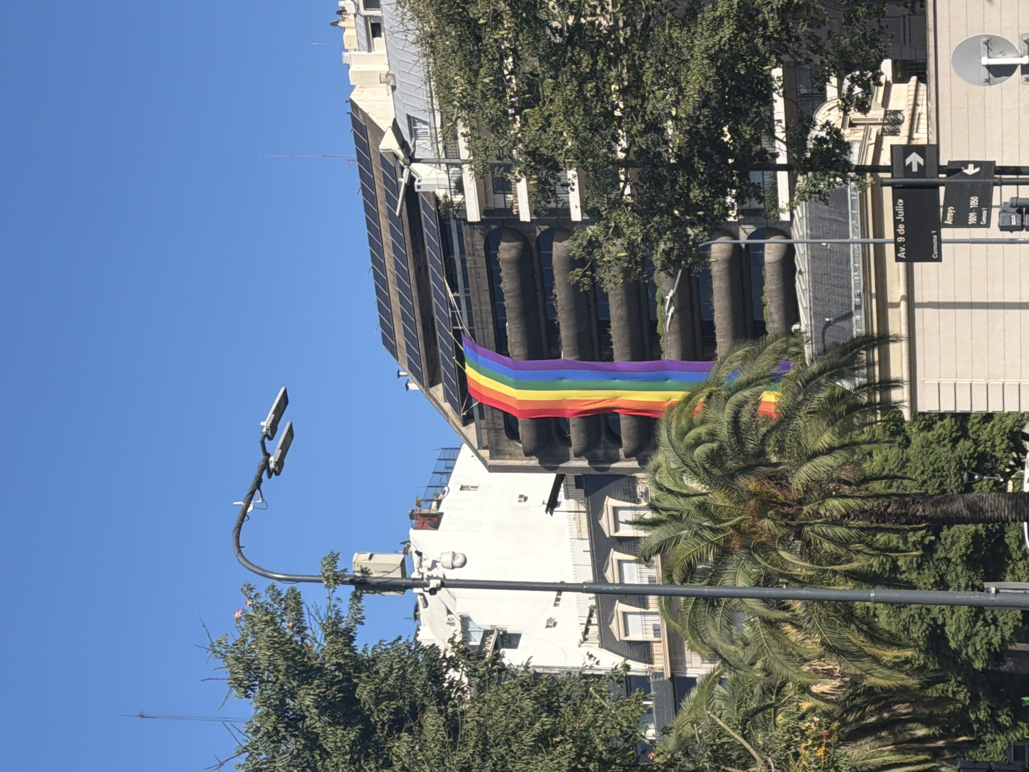The image shows a street scene in Buenos Aires, Argentina. A rainbow pride flag is draped across the facade of a building. Street signs indicate "Av. 9 de Julio" and "Arroyo" with directional arrows. A palm tree and other trees are visible along the street. A street light is present. The sky is clear and blue.
