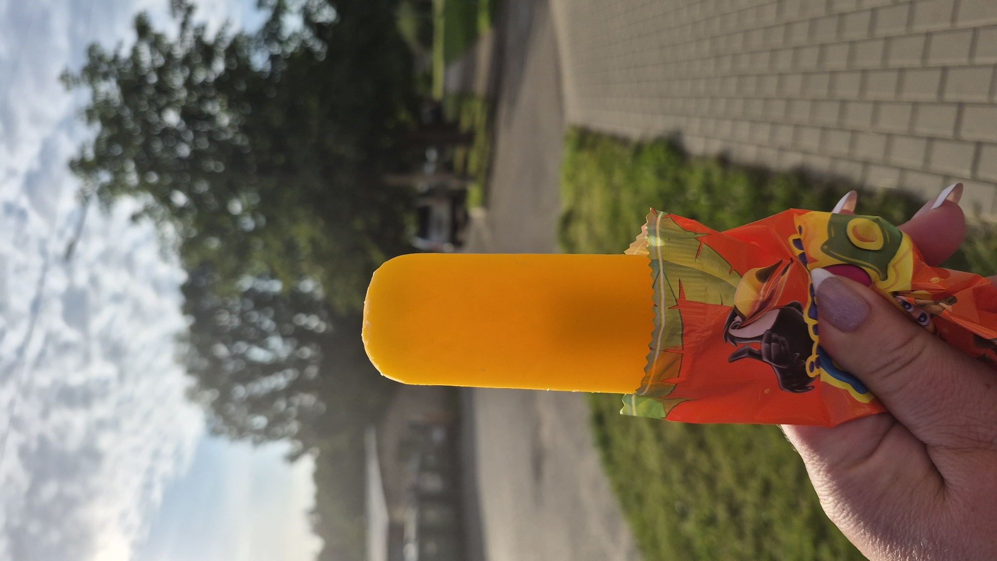 A person's hand is holding an orange popsicle wrapped in bright, cartoon-decorated packaging. The popsicle itself is bright orange and appears to be frozen. The wrapper features colorful graphics, including a toucan giving a thumbs-up. The background is blurred, showing a tree-lined street with a paved walkway and some buildings in the distance. The lighting suggests it is daytime, possibly late afternoon or early morning due to the soft light. The location is identified as Krauja, Latvia.