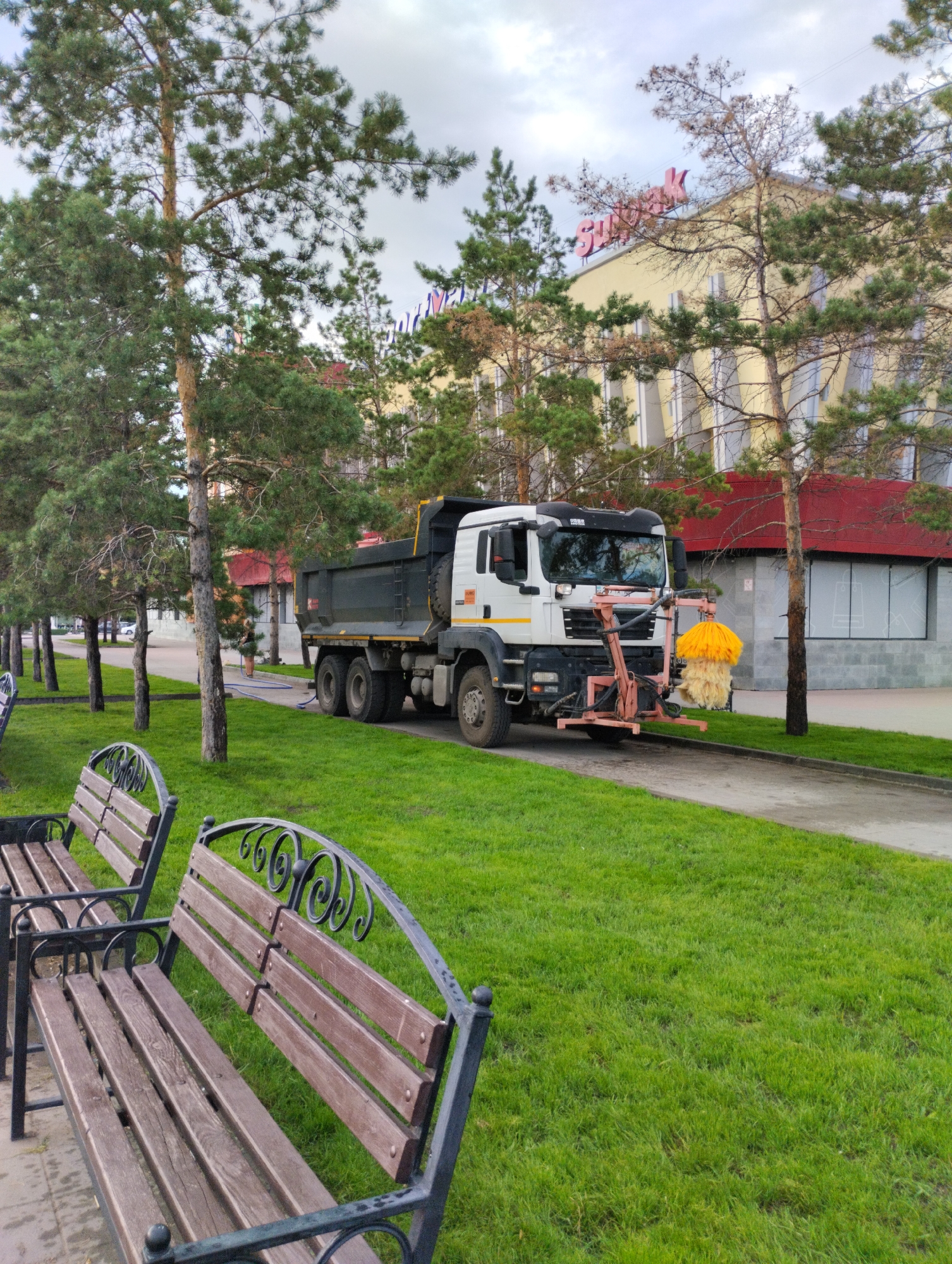 A white dump truck with a street sweeper attachment is parked on a paved area next to a well-maintained grassy lawn. The truck has a dark gray dump bed and is facing to the right of the frame. The street sweeper, a bright yellow brush, is lowered and positioned in front of the truck. Behind the truck and lawn, a light yellow building with a red roof is visible, with a red sign on top. The building appears to be in a commercial area. Several mature pine trees with green needles are scattered throughout the scene, lining the paved area and partially obscuring the building. Two dark brown wooden benches with black metal frames are in the foreground, angled towards the right. The ground is wet, suggesting recent rain. The sky is overcast. The building in the background is identified as "STOLICHNY" based on the visible signage. The scene is located on Tobolskaya Street in Kostanay, Kazakhstan.