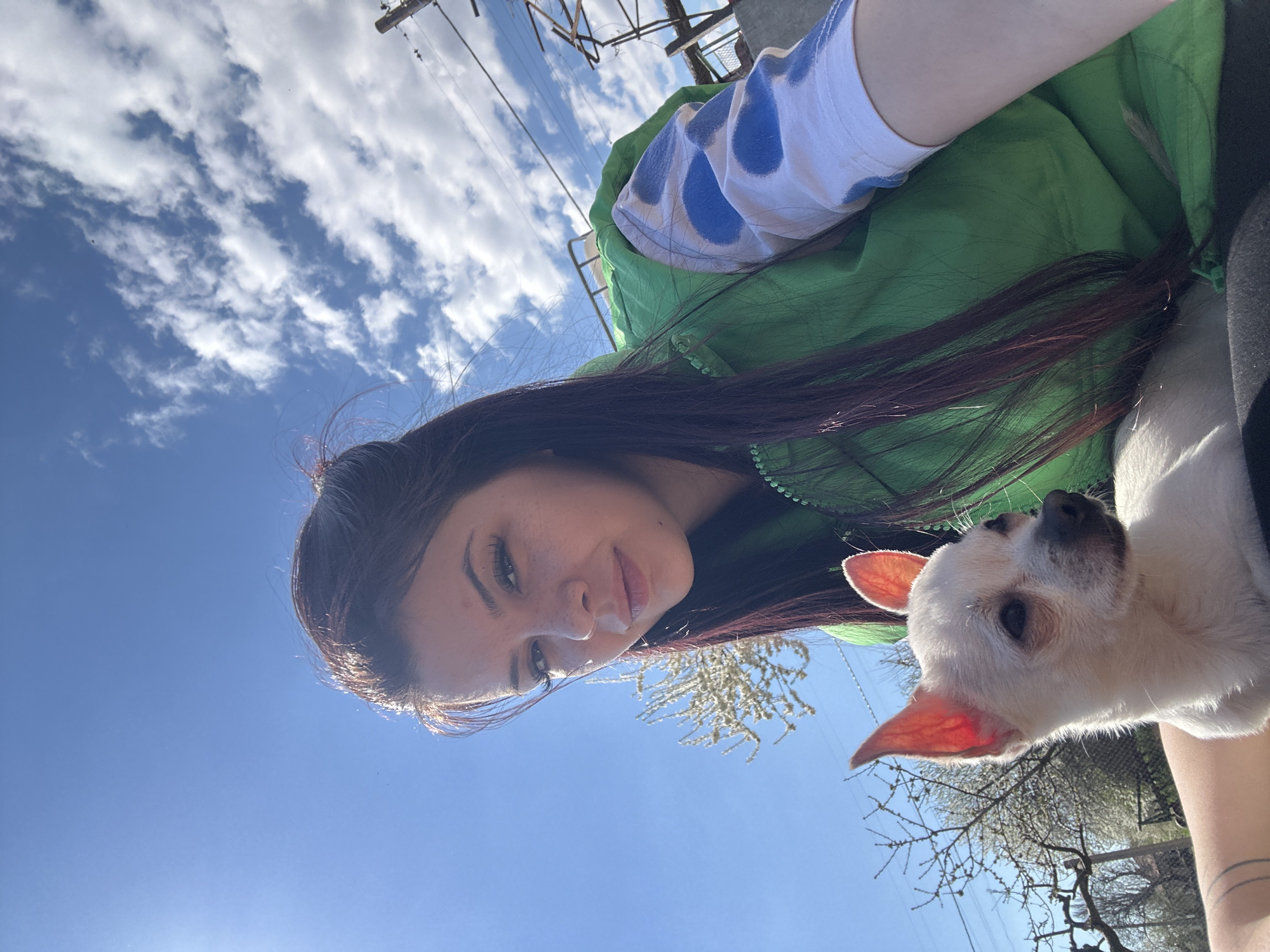 A woman is holding a small, white dog in her arms. They are outdoors on a sunny day, with a clear blue sky and some wispy clouds. The woman has long, dark hair and is wearing a green vest over a white shirt with blue spots. The dog appears to be a Chihuahua. Bare tree branches are visible in the background. The location is likely outdoors, but it's not possible to determine if it's in Chubra, Bulgaria.