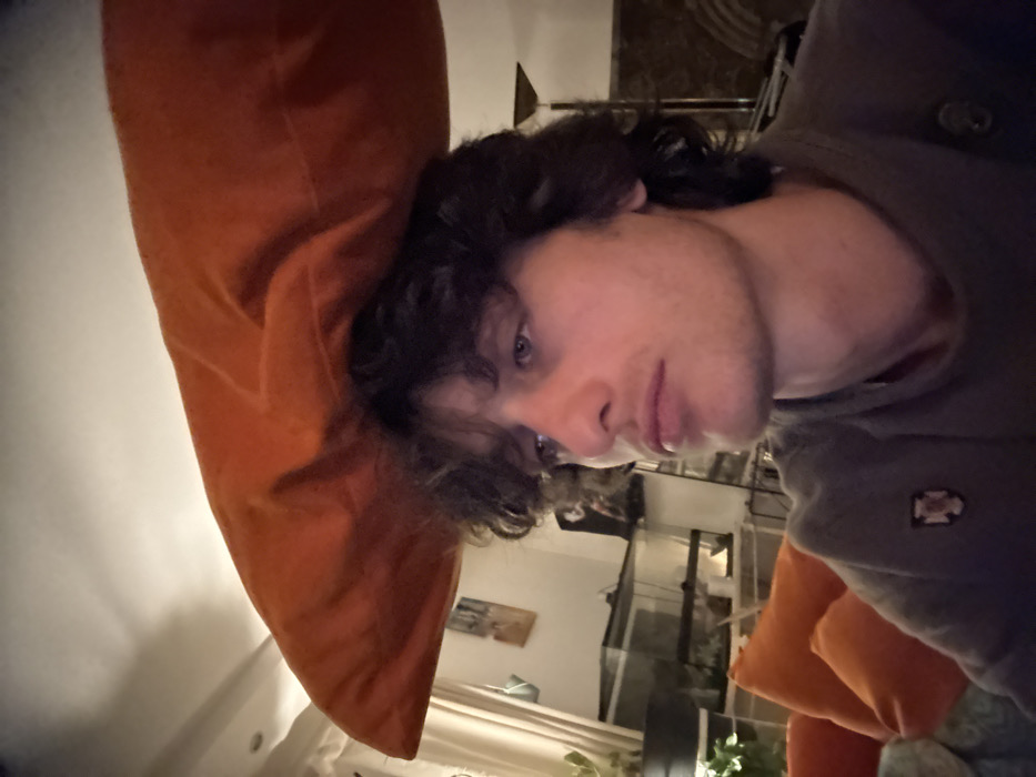 A person with dark curly hair rests their head on a large orange pillow. They are looking towards the camera with a slight downward gaze. They are wearing a gray jacket or sweater with buttons visible. In the background is a dimly lit room with shelves, possibly a fish tank, and other furniture. The image appears to be taken at an angle. Another orange pillow is partially visible in the background.