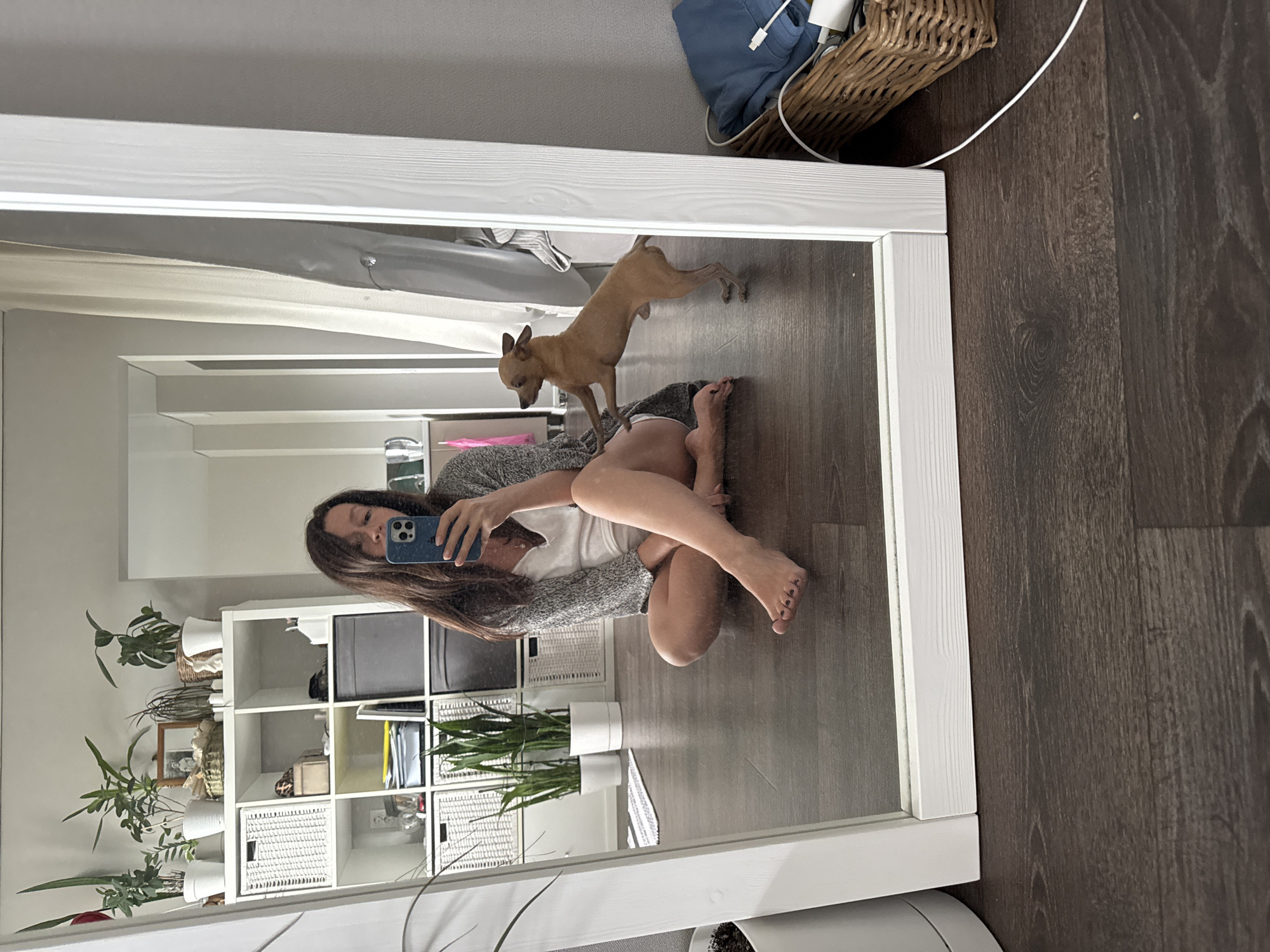 A woman is seen in a mirror selfie, crouching on the floor with a dog climbing on her. The location is likely indoors based on the presence of a shelf unit with various items, plants in pots, and a basket on top of the mirror. The flooring appears to be wood. The woman is holding a blue smartphone.
There is no discernible evidence in the image to specifically confirm the location as Chaikovsky, Russia.