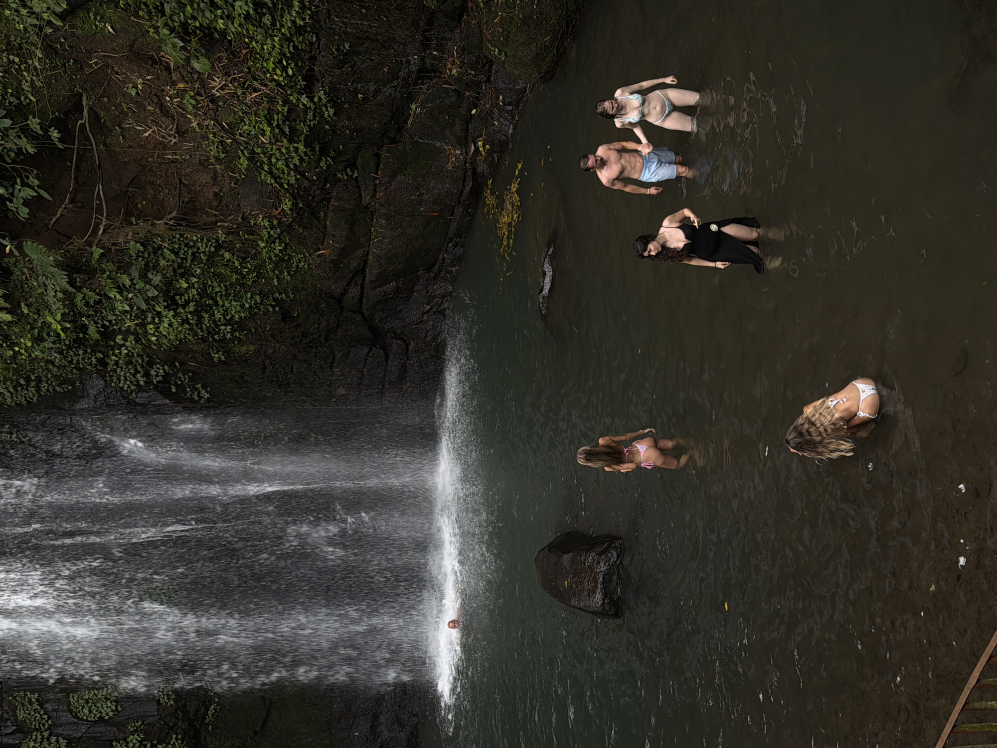 This image depicts a group of people at a waterfall in Tegallalang, Indonesia. A man with a bald head is visible in the water near the base of the waterfall. Further away from the waterfall, four individuals are standing in the water. One woman is wearing a pink bikini, a man and a woman are in swimwear and holding hands, and another woman is wearing a black dress. A large rock is in the foreground of the water. The waterfall cascades down a dark, rocky cliff face covered in dense green vegetation. The water in the pool is dark and murky.