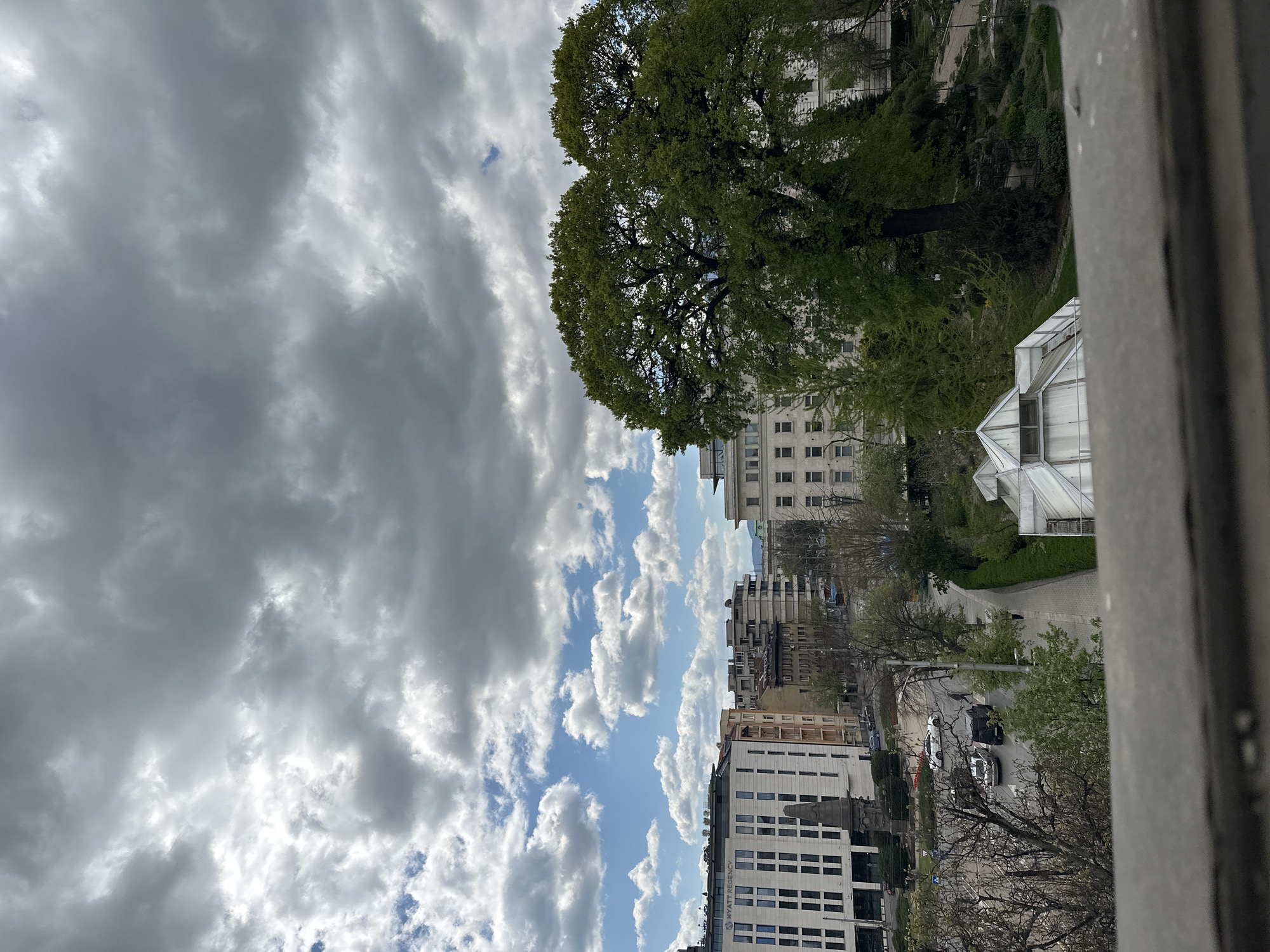 This vertical image, captured from an elevated viewpoint, depicts a cityscape in Sofia, Bulgaria, under a varied sky. The sky on the left side of the frame is heavily overcast with dense, grey clouds, transitioning towards the right to reveal patches of clear blue sky interspersed with bright, white cumulus clouds, indicating dynamic weather conditions during daytime.
Prominently featured in the upper right quadrant is a large, mature tree with a full, round canopy of vibrant green leaves. Behind this tree, a light-colored multi-story building with numerous windows is visible. Below the tree and nestled within a green, landscaped area, is a distinctive white structure resembling a greenhouse, characterized by its translucent panels and angular roof.
The urban landscape below is composed of various buildings. A modern building in the lower right clearly displays "HYATT REGENCY" on its facade. Other residential or commercial buildings with diverse architectural styles line the streets, some featuring balconies. A paved road or street weaves through the scene, on which a few vehicles, including a white car and a dark SUV, are present. The immediate foreground on the right edge shows a blurred concrete railing or balcony, indicating the elevated perspective of the shot. No people or specific events are discernible, presenting a tranquil, everyday urban vista.