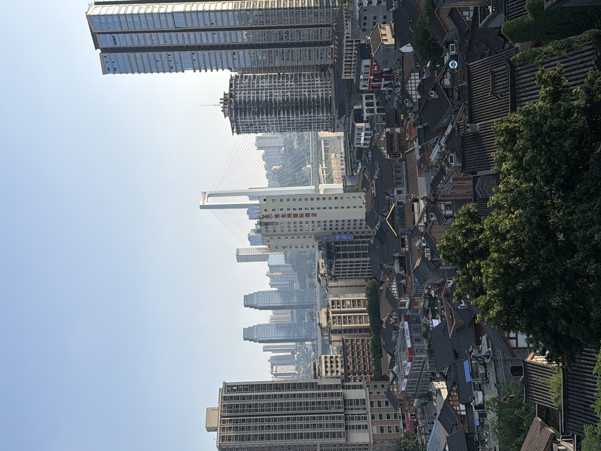 This is a wide-angle, aerial view of a dense urban landscape, likely taken during daylight. The scene is dominated by a mix of modern high-rise buildings and traditional low-rise architecture with dark tiled roofs, characteristic of many older Chinese cities. In the background, several towering skyscrapers stand prominently, some with reflective glass facades. A large suspension bridge spans a body of water, connecting different parts of the city. In the mid-ground and foreground, the traditional buildings are clustered closely together, featuring intricate roof designs and courtyards. Large, mature trees with lush green foliage are interspersed within the urban sprawl, particularly in the lower foreground. The sky is clear and pale blue, suggesting fair weather. The overall impression is a vibrant and layered cityscape, showcasing the juxtaposition of historical and contemporary urban development in Yuzhong District, China. There are no discernible people or specific actions visible in the image.