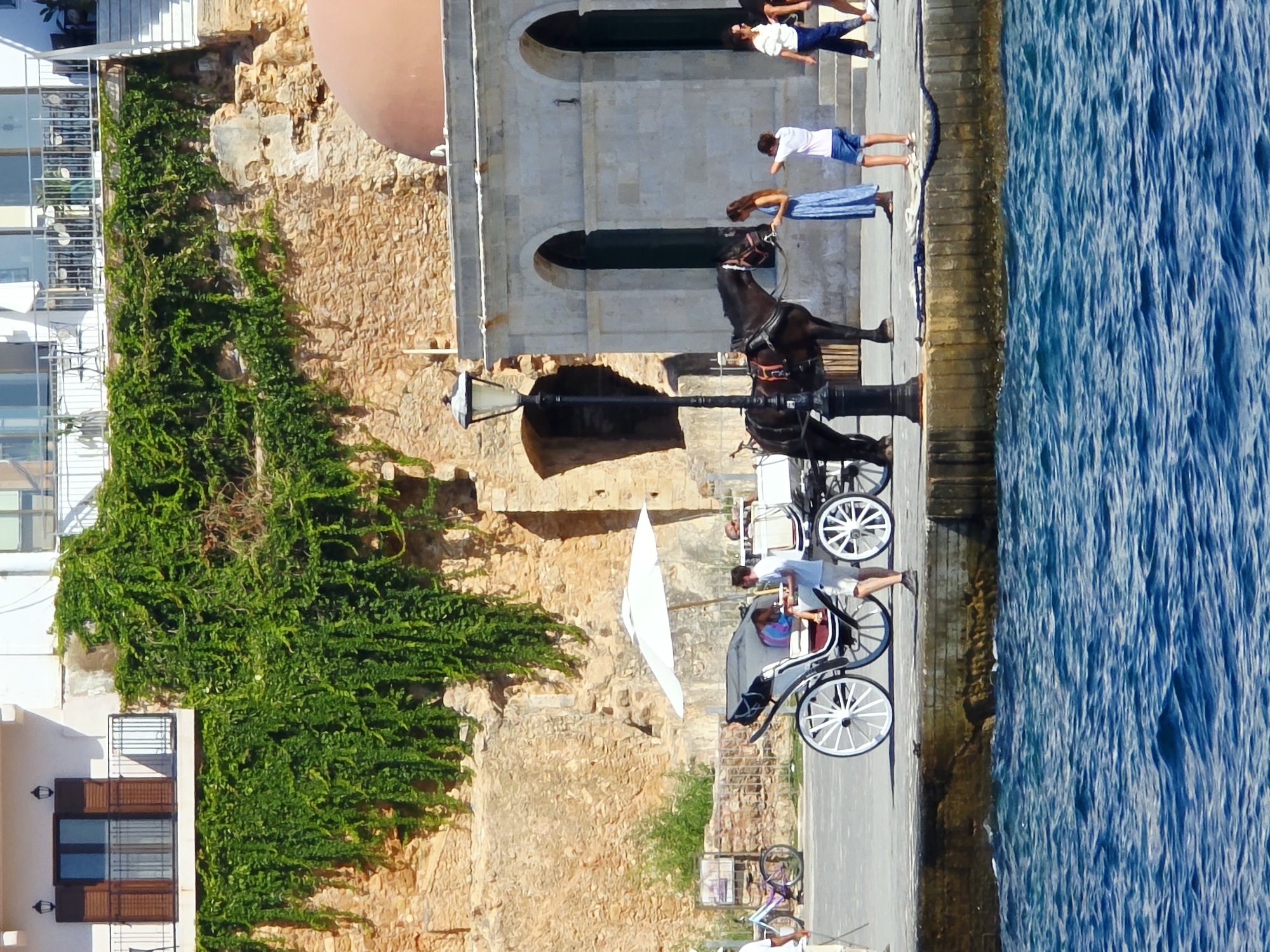 The image depicts the Venetian harbor in Chania, Crete, Greece. In the foreground, a horse-drawn carriage, a tourist attraction, is parked on the waterfront promenade. A dark brown horse is harnessed to the carriage, which has white spoked wheels and a dark canopy. Several people are visible near the carriage. A man in a white shirt and shorts is standing next to the carriage, appearing to be a driver or attendant. A young person in a white t-shirt and blue shorts is interacting with a woman in a long blue dress. Further to the right, another woman in a white top and dark pants is walking, and a person in a white top and dark pants is walking in the distance. In the background, there is a stone wall covered with vibrant green ivy, and a building with arched doorways and a reddish dome. The sea, with its blue, rippling surface, forms the bottom of the frame.
