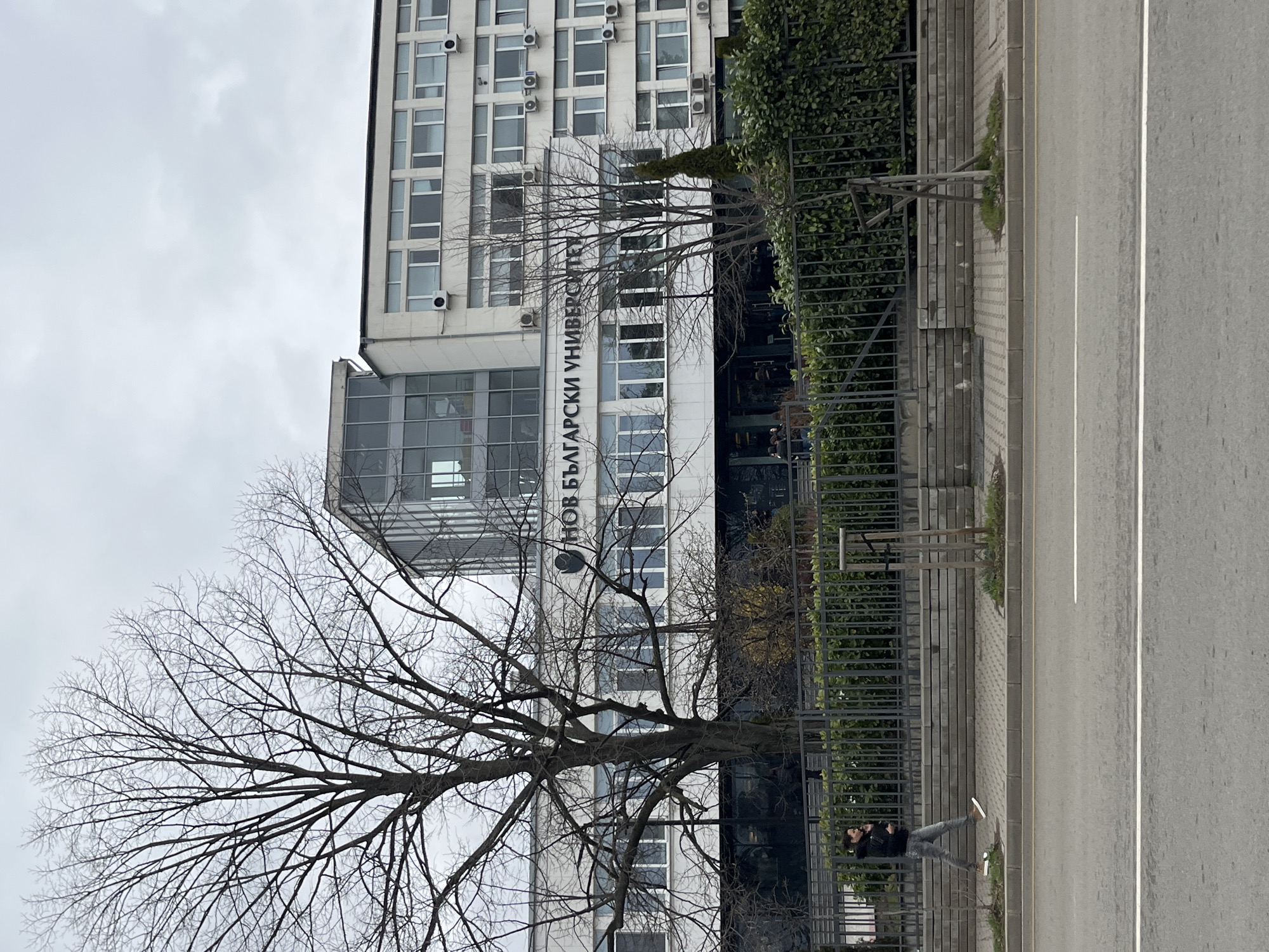 The image shows the front of New Bulgarian University in Sofia, Bulgaria. The building is a multi-story white structure with a glass addition on the left side. Bare tree branches frame the building's facade, which has the university's name in Bulgarian script. A dark metal fence runs along the sidewalk in front of the building, with a green hedge behind it. A person is standing by the fence on the right. A road runs along the right side of the frame, with a white line dividing the lanes. The sky is overcast.