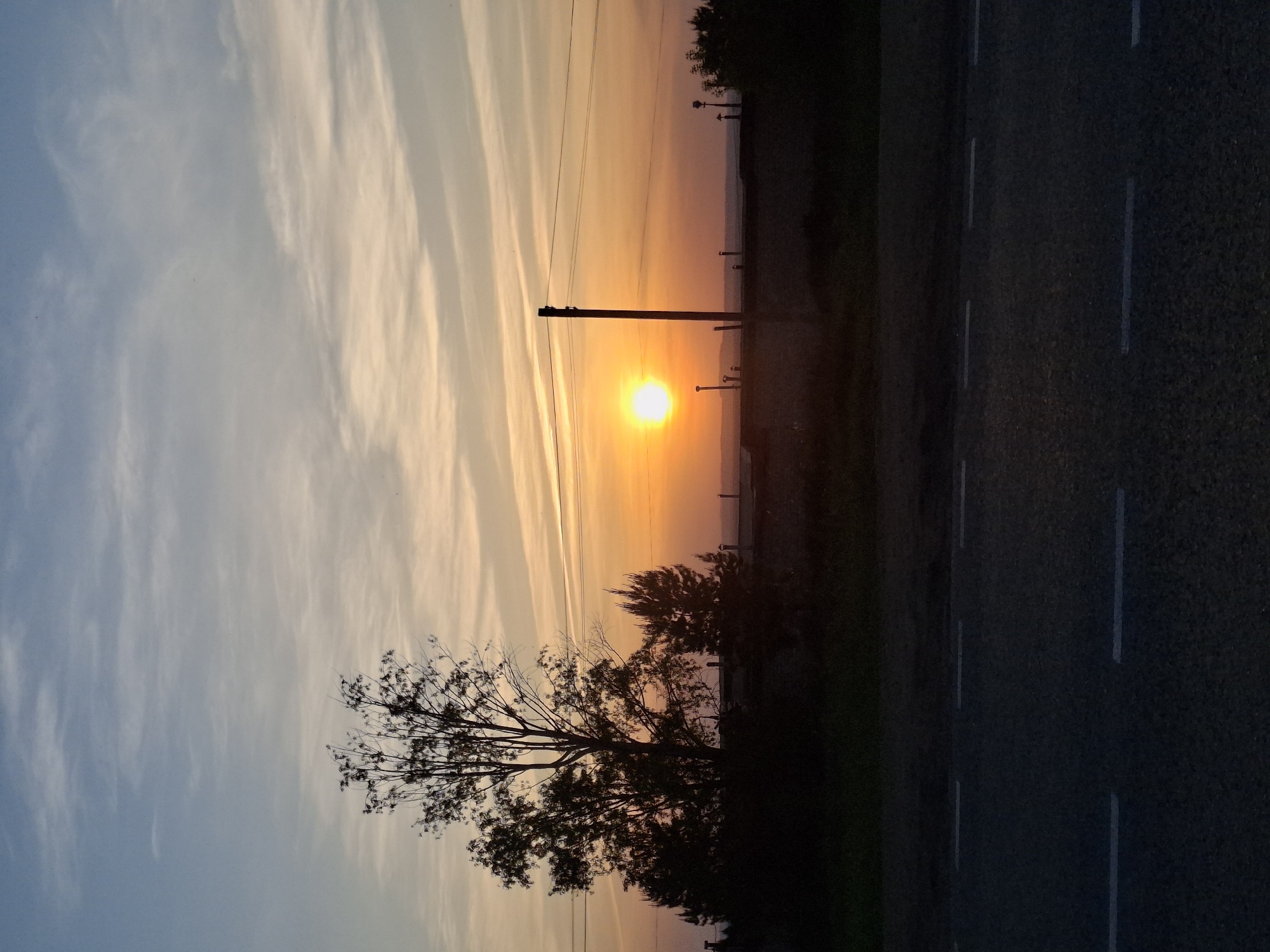 The image shows a sunset in Chaikovsky, Russia. The sun is setting on the horizon and is partly obscured by a tree and a utility pole. To the right is a road with painted lane dividers. The sky is streaked with clouds, illuminated by the setting sun.