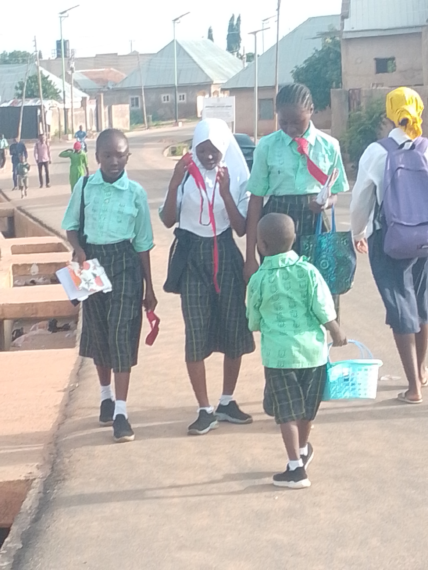The image depicts a group of people, primarily children and young adults, walking along a paved pathway in what appears to be an urban or semi-urban environment. The setting suggests a location in Tempure, Nigeria, given the architectural styles of the buildings in the background, which feature pitched roofs and a modest aesthetic, and the prevalence of solar-powered streetlights, indicative of infrastructure development in the region.
In the foreground, four individuals are most prominent. Closest to the viewer on the right is a young child wearing a light green short-sleeved shirt with a patterned design and checkered shorts. The child is carrying a light blue plastic basket in their right hand and walking away from the camera. To the left of this child, a young person, appearing to be in their mid-teens, is walking in the same direction. They are wearing a light green short-sleeved shirt with a red tie and a dark plaid skirt. This individual is carrying a book or notepad and a red ribbon in their left hand.
Behind them, slightly to the left, is another young person dressed similarly, in a light green short-sleeved shirt and a dark plaid skirt. They are also holding a book or notepad. To their right, and further back, is another young person wearing a white long-sleeved shirt with a red ribbon tie and a dark plaid skirt. This individual is also carrying a backpack. On the far right of the frame, a person with a yellow headscarf is visible, wearing a white shirt and carrying a purple backpack.
In the middle ground, other individuals are walking, including a person in a green garment and a few others in casual attire. The pathway is lined with a concrete structure on the left, possibly a drainage channel or raised sidewalk. In the background, several buildings with distinctive roofs are visible, along with trees and more solar streetlights. The lighting suggests it is daytime, with a warm, natural light. The overall scene conveys a sense of daily activity, possibly students walking to or from school.