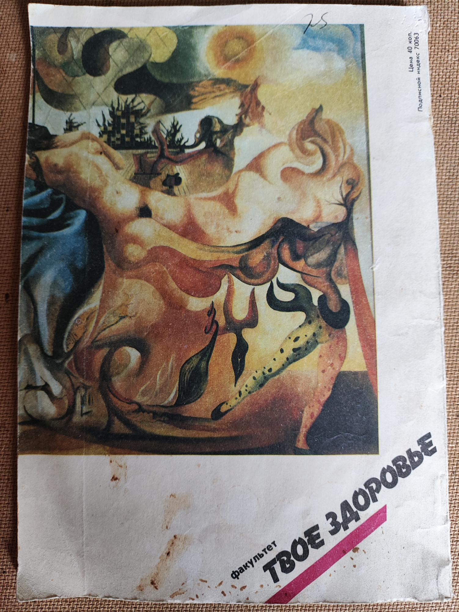 The image is the cover of a publication, likely a magazine or journal, with a surreal and symbolic illustration. The artwork depicts nude figures intertwined with organic and abstract shapes. In the foreground, a reclining nude female figure with pale skin is partially visible, with her body forming part of the surrounding imagery. Another figure, possibly male, is suggested behind her. The scene is rendered in a palette of earthy tones, including ochre, brown, and rust, with accents of deep blue and green. The background features abstract, cloud-like forms and a suggestion of a building or structure in the upper left quadrant, rendered in a hazy, dreamlike style. A textured, grid-like pattern is also visible, adding to the surreal atmosphere.
In the upper right corner, a handwritten numeral "75" is present. To the right of the illustration, vertical text reads: "Цена 40 коп. Подписной индекс 70063".
At the bottom of the cover, oriented diagonally from lower left to upper right, is a prominent title in bold, black, Cyrillic lettering, superimposed over a diagonal pink stripe. The text reads: "факультет ТВОЕ ЗДОРОВЬЕ" which translates to "Faculty YOUR HEALTH".
The overall impression is one of artistic expression, possibly related to health, psychology, or philosophy, given the title. The surreal style, with its distorted figures and symbolic elements, suggests a departure from literal representation, aiming to evoke a particular mood or convey a deeper message. The paper itself appears aged, with some discoloration and rough edges, indicating it is an older publication. The location context of Izhevsk, Russia, is provided but not visually evident within the artwork itself.