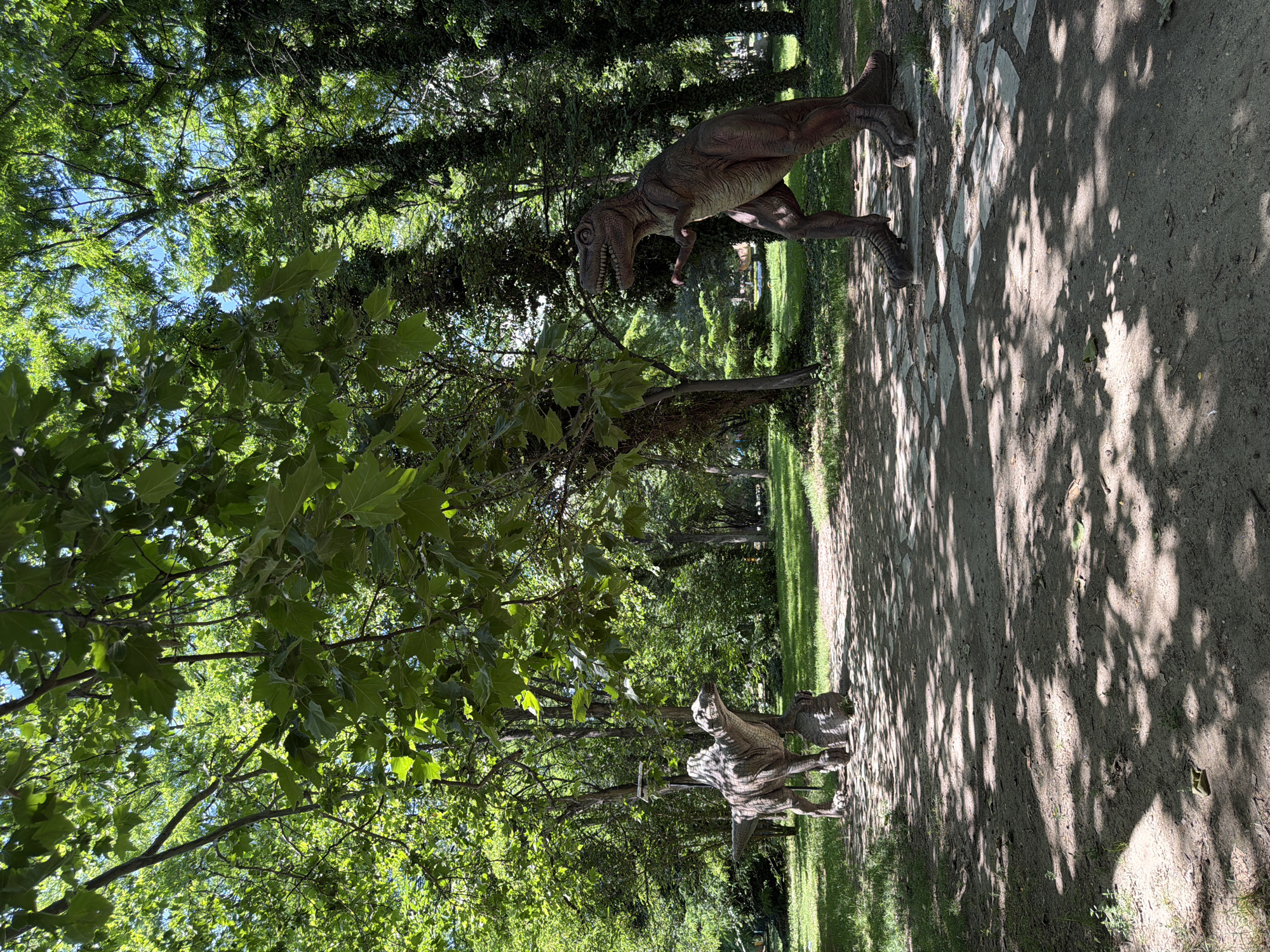 The image depicts a park setting with two dinosaur models. On the left, a Spinosaurus model stands on a dirt path, facing left, with a smaller rock formation at its feet. On the right, a Tyrannosaurus Rex model stands on the same path, facing right, with its mouth open. Both models are positioned in a grassy area surrounded by trees. The ground is a mix of dirt and stone paving. The scene appears to be in a public park, possibly a dinosaur-themed exhibit, located within the city of Pazardzhik, Bulgaria. The lighting suggests it is daytime with sunlight filtering through the leafy canopy. There are no people or animals visible in the image.