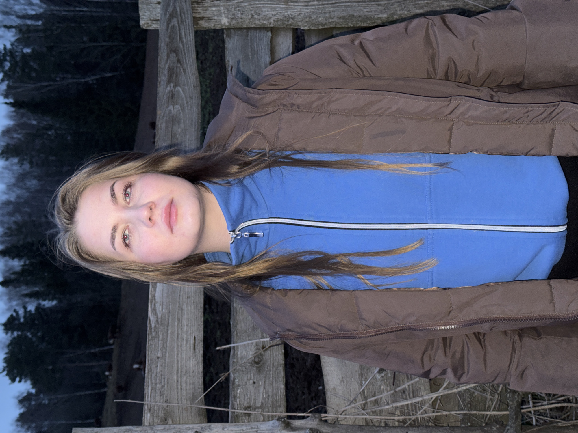 The image features a young woman posing for a portrait outdoors in what appears to be a rural or semi-rural setting. She is positioned in the foreground, looking directly at the camera with a neutral, calm expression. Her long, light brown hair, which includes lighter highlights, falls over her shoulders. She has a fair complexion and light-colored eyes.
She is dressed in a bright blue long-sleeved top with a quarter-zip front, which is accented by thin white stripes bordering the zipper. Over this, she wears a dark brown, puffy, insulated jacket, suggesting cool or cold weather.
Behind the woman, a rustic wooden fence or railing spans horizontally across the midground. Beyond the fence, a dense collection of dark, silhouetted trees forms the background, indicative of a forest or woodland area. Sparse, dry vegetation is visible on the ground.
The lighting is dim, suggesting either late dusk or early morning before sunrise, with the sky appearing a deep blue-grey. The atmosphere is quiet and still. There is no visible text within the image. The scene is located in Ol'khovochka, Russia.