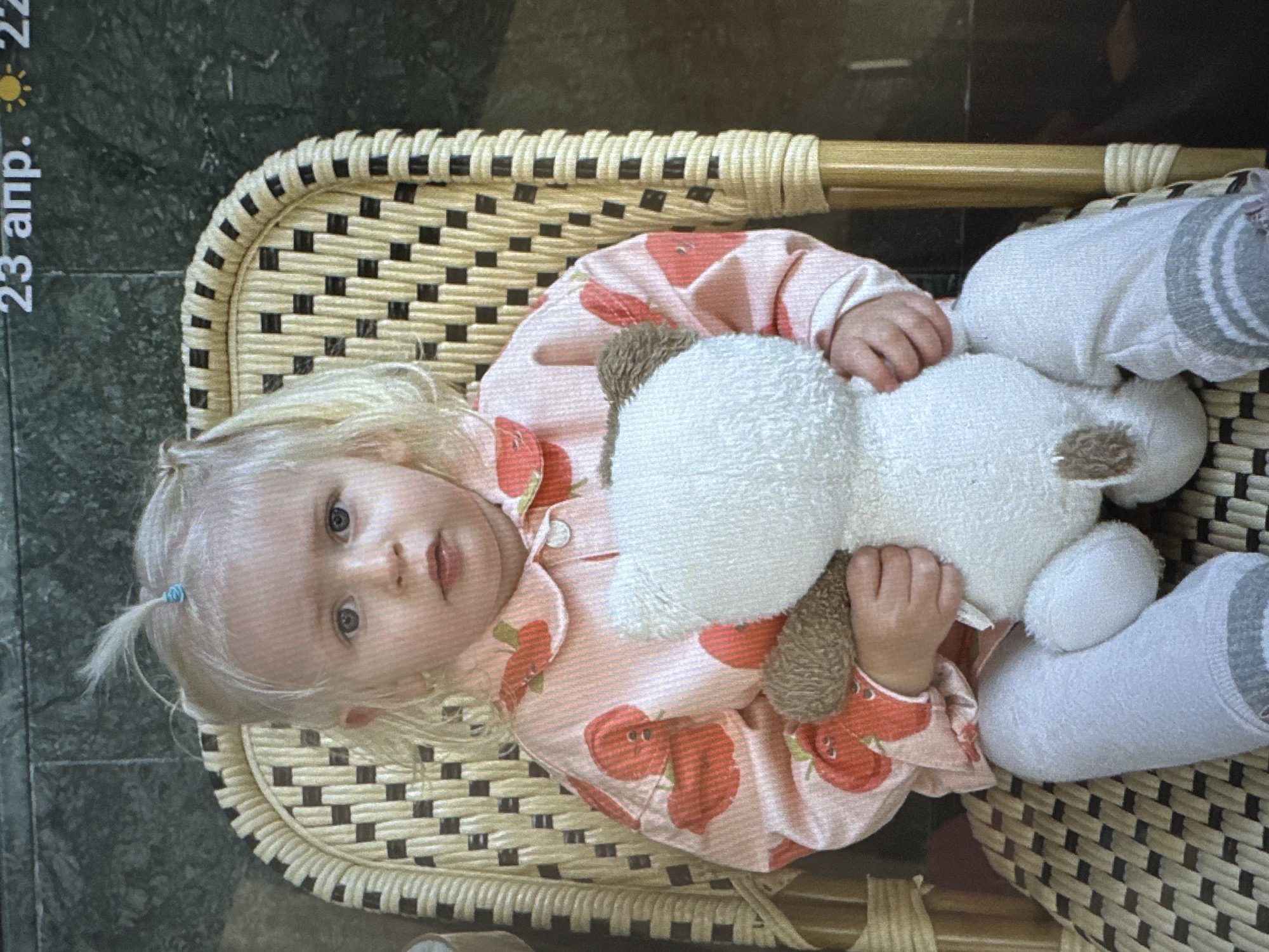 A young blonde-haired child with blue eyes is depicted sitting in a wicker-style chair, holding a white plush toy with brown ears or paws. The child wears a pink long-sleeved top adorned with red strawberry patterns and white pants or socks that have gray stripes. A small section of the child's blonde hair is tied into a ponytail with a light blue elastic band on the left side of their head. The child looks directly at the camera with a neutral and somewhat serious expression.
The chair features a woven seat composed of light tan and dark brown squares, supported by a natural wood frame. The setting appears to be indoors, with a dark, possibly tiled or stone, floor visible in the background. In the top left corner of the rotated image, visible text reads "23 апр. 22" (April 23, 2022), accompanied by a sun icon, indicating the date and that the photo was taken during the daytime. The scene suggests a casual indoor environment, possibly a home or cafe in Petah Tikva, Israel.