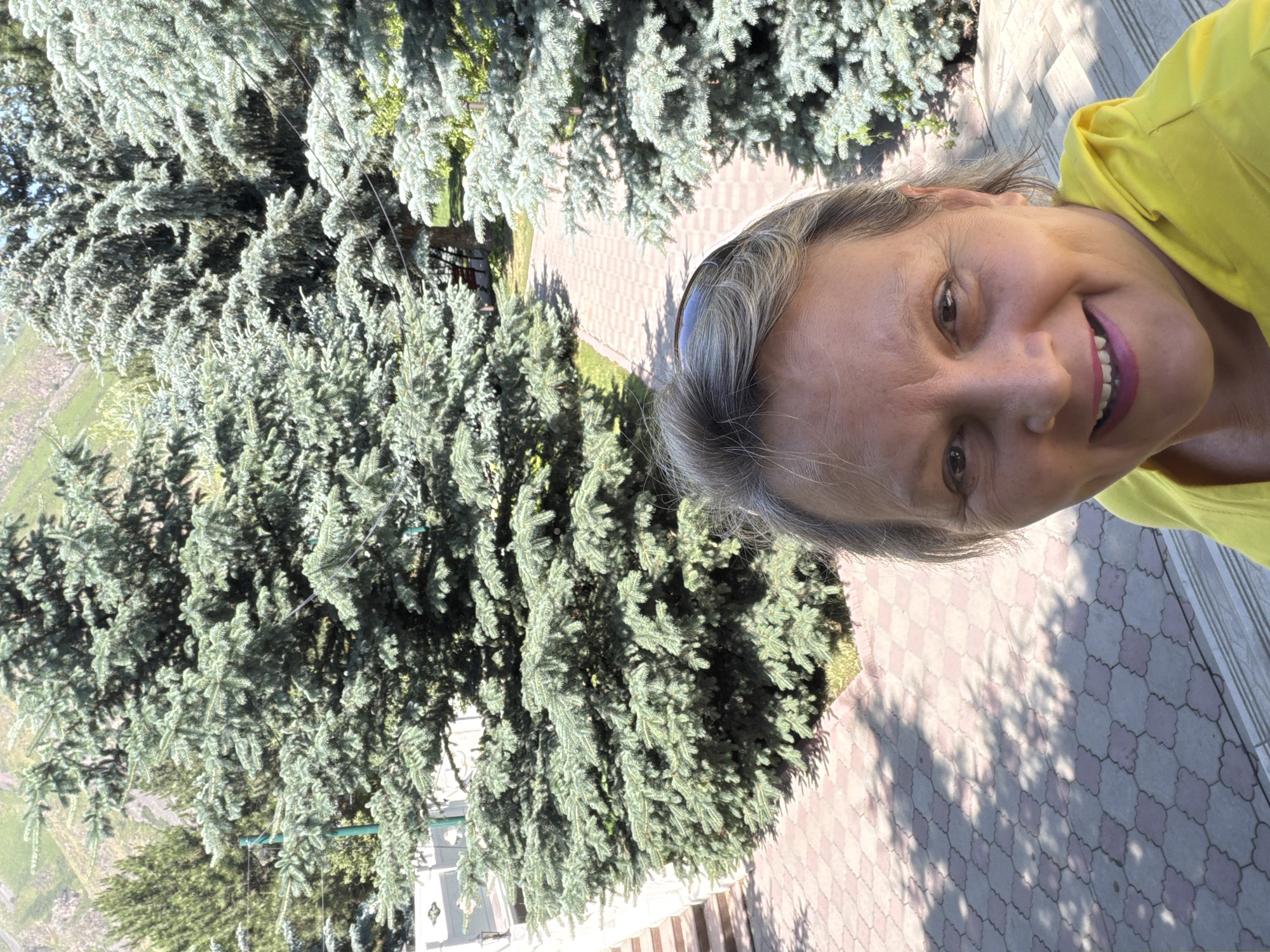 A woman in a bright yellow hooded shirt smiles at the camera, her face filling the foreground of the image. She is outdoors, surrounded by lush green pine trees that dominate the background. Sunlight dapples the stone pathway that leads away from the viewer, disappearing into the trees. To the left, a stone staircase with a white railing is visible. The scene suggests a peaceful, natural setting, possibly a park or garden.
